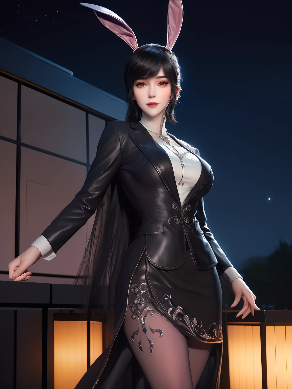 (masterpiece), (best quality), (perfect face), extremely detailed skin pores, (detailed skin:1.2), artstation, night, office, night sky,
cool girl, dark business jacket, dark business skirt, thighhighs, black short hair, straight face, light smile, standing, portrait,,rabbit ears,long dress,long hair,