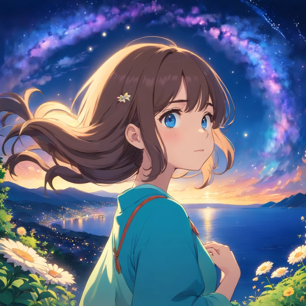 Master Parts、Superior Quality、superior image quality、The 8k quality、Beautiful pictures of the starry sky、magnifica、Arched Milky Way:1.9、Blue Sea、Iridescent particles fall from the night sky on a hill with wildflowers、Woman scooping fantastic particles with palm。For a beautiful face、Brightly colored eyes。Wearing a rustic dress and shawl。Night hill with a view rich in nature。Detailed drawing。Vibrant colors。high-level image quality。