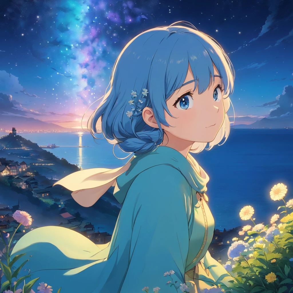 Master Parts、Superior Quality、superior image quality、The 8k quality、Beautiful pictures of the starry sky、magnifica、Arched Milky Way:1.9、Blue Sea、Iridescent particles fall from the night sky on a hill with wildflowers、Woman scooping fantastic particles with palm。For a beautiful face、Brightly colored eyes。Wearing a rustic dress and shawl。Night hill with a view rich in nature。Detailed drawing。Vibrant colors。high-level image quality。