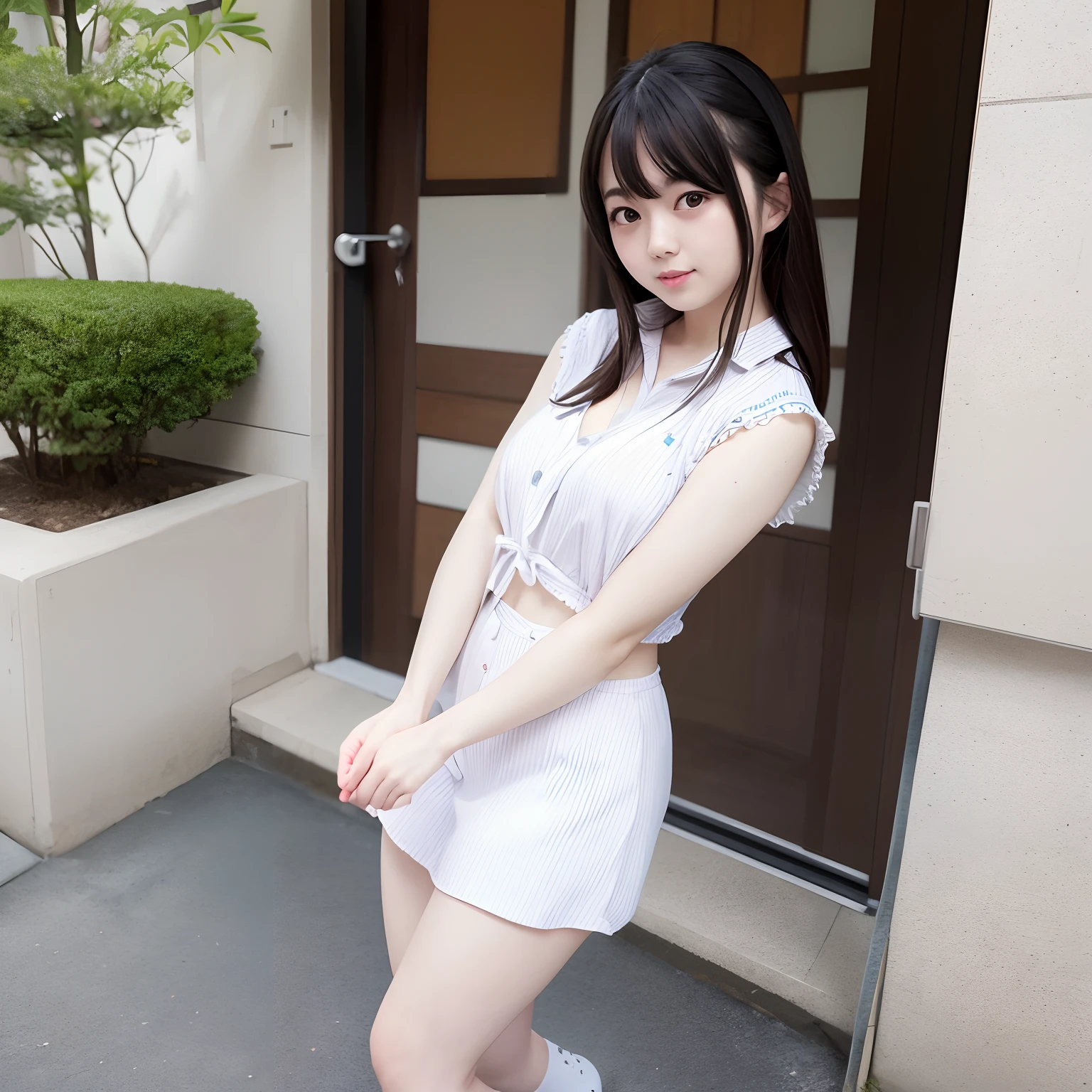16 year old girl, Japan schoolgirl, ponytail, swimsuit, cleavage, small face, very cute, (embarrassed expression: 1.5),open legs,perfect body line