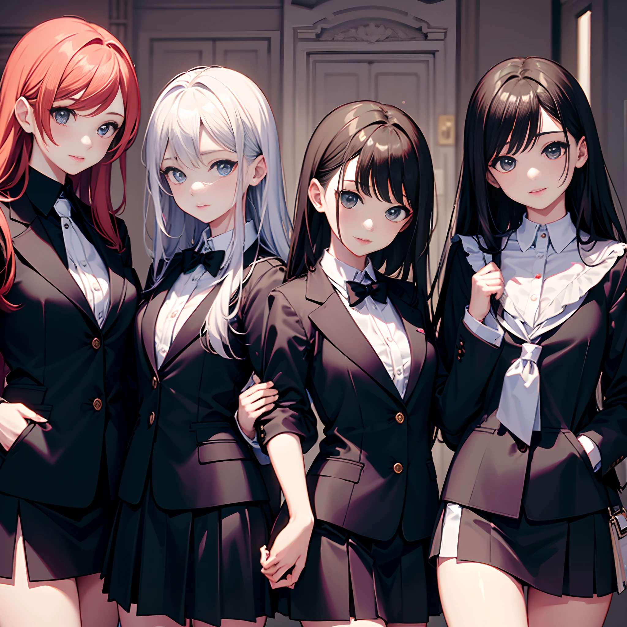 Masterpiece, 4girls, nude no clothes, lesbian, beauty and cute, high detailed, dinamic lighting, vivid colours, nude, masturbate, riding dildo, medium breast, detailed breast detailed vagina, sit in toilet, wet vagina, wet breast, girl student uniform