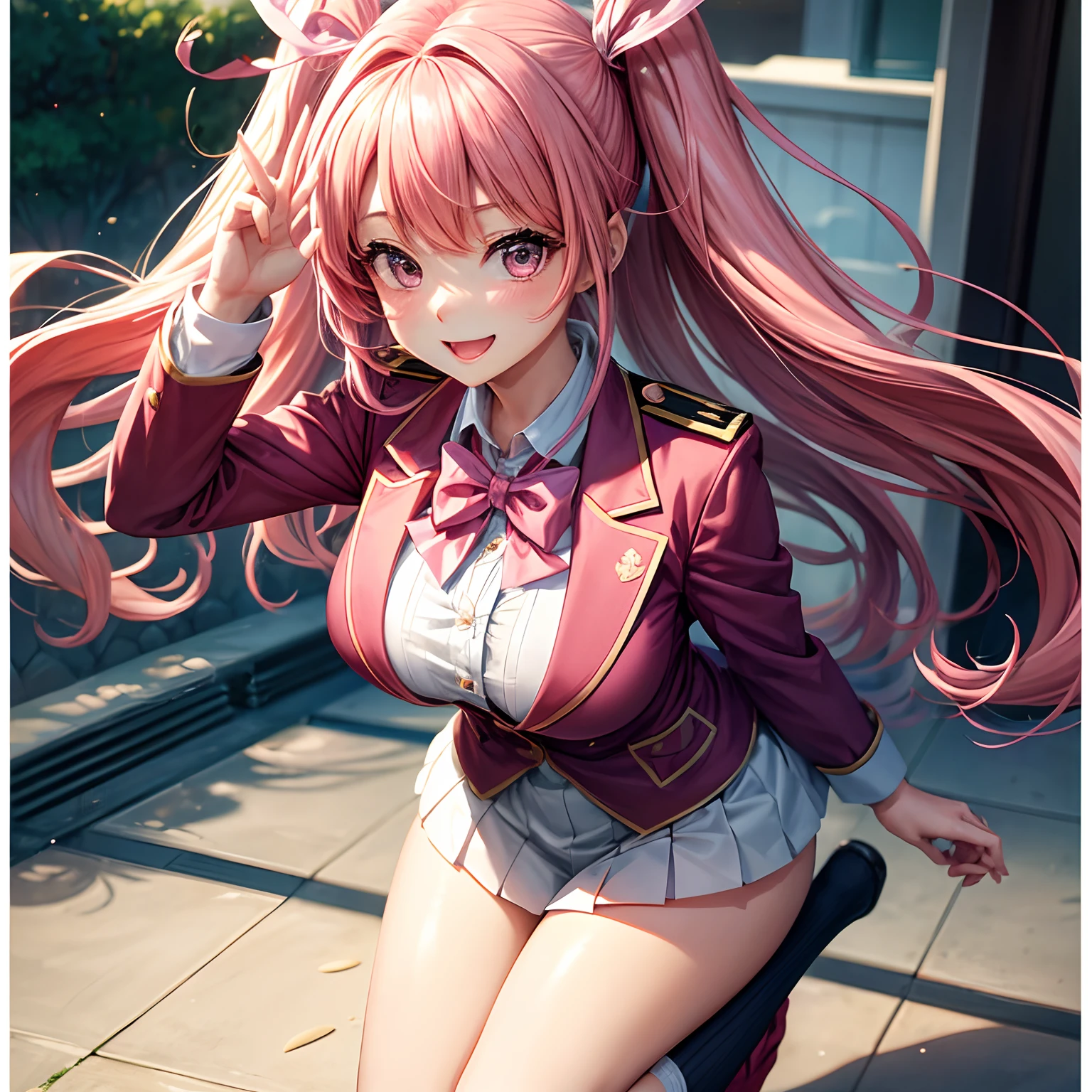a beauty girl,Ribbon on uniform,blazers,A smile,girl,long,anime a girl,top-quality,Colossal tits,Pink hair,masterpiece,Excellent style,Erotic Cute,超A high resolution,beautiful a girl,Lovely girl,Loose socks,Perfect Beautiful Girl
