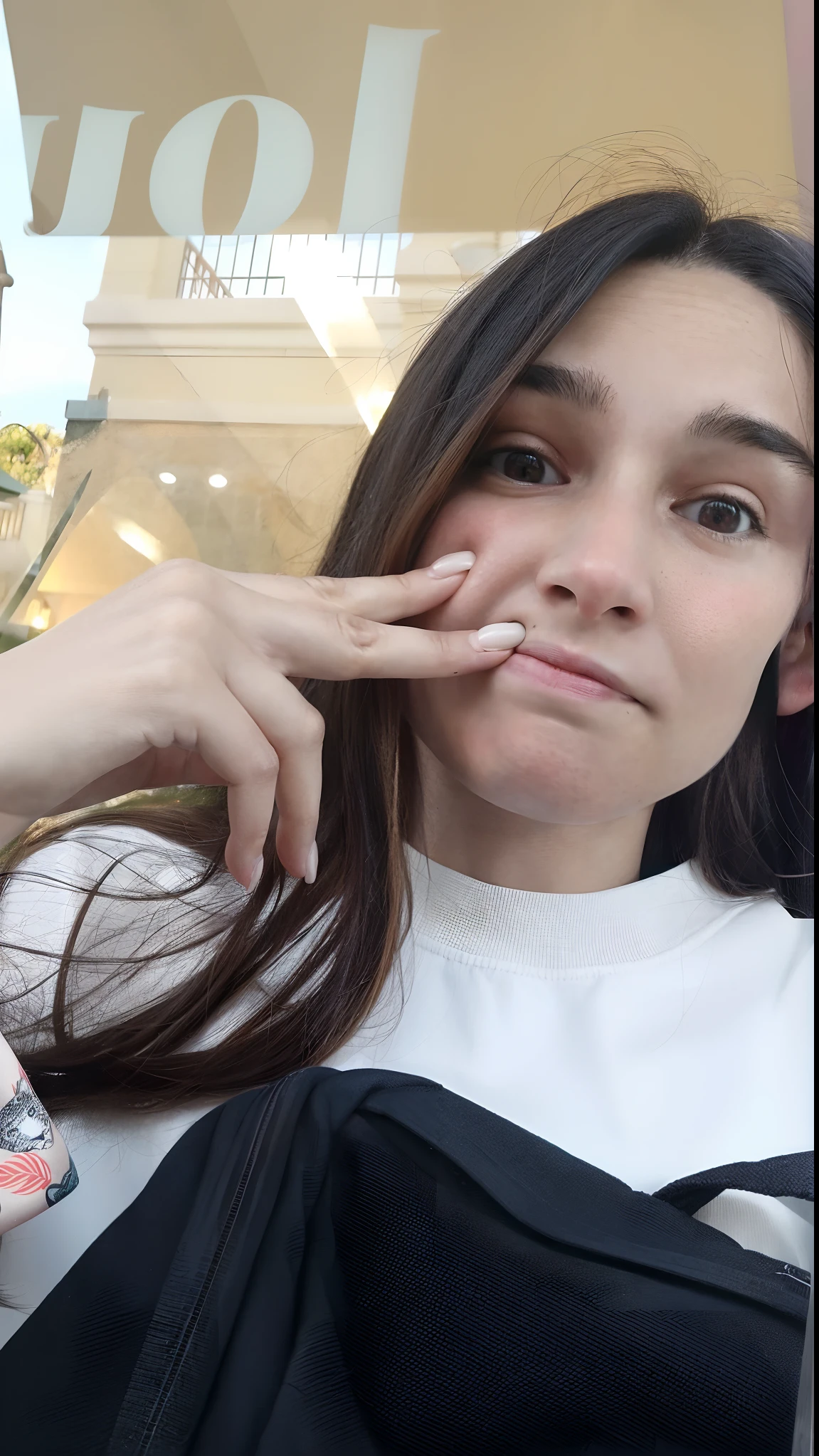 there is a woman that is holding a cigarette in her mouth, hand on cheek, without makeup, hand on her chin, showing her face, sweaty face, squinting, hands on face, she has a cute face, tired face, straight face, not smiling, grimacing, pokimane, pouty face, very very low quality picture, cute silly face