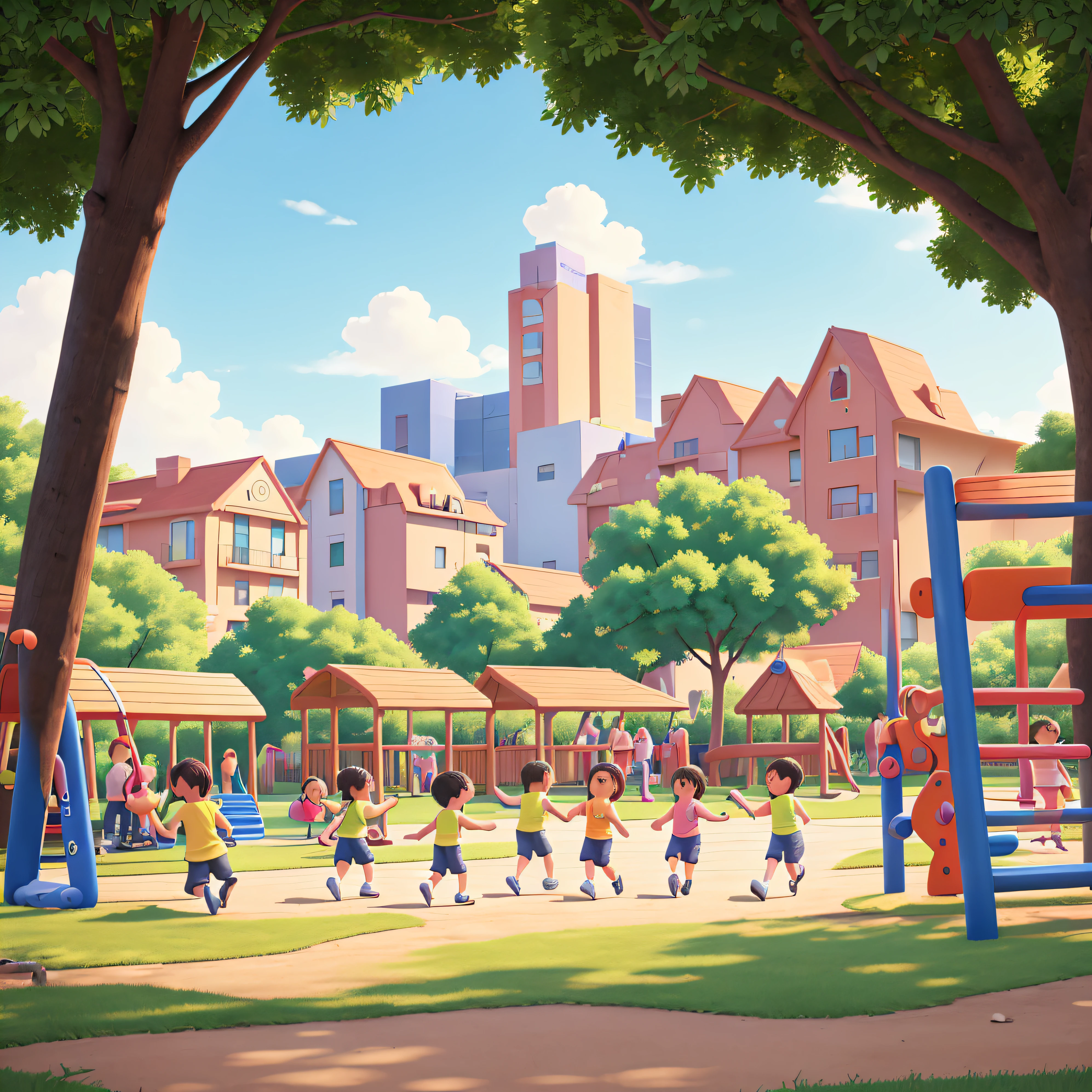 A group of happy children, running and playing on the playground of a kindergarten, in vivid colors. The children are wearing colorful clothes and their faces are full of joy and excitement. The playground is filled with various play structures, such as slides, swings, and climbing frames. The children's laughter fills the air, adding to the lively atmosphere. The scene is captured in high resolution, with ultra-detailed features. The lighting is bright and natural, creating a warm and inviting ambiance. The artwork is created using a combination of illustration and photography, giving it a unique and eye-catching style. The colors are vibrant and the overall tone is cheerful and uplifting. The composition of the artwork is balanced and visually appealing, capturing the carefree and playful spirit of childhood.