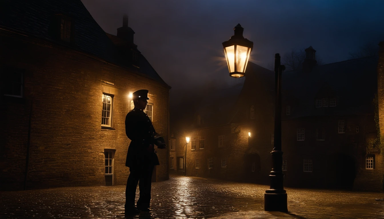 best quality. A Lone Cop, Holding his helmet in one hand, an expression of astonishment on his face, It's standing at midnight on the damp cobblestones of a small English mill town in the year 1905. He's looking up at the sky, And flooding it is a huge luminous object, um elipsoide brilhante.