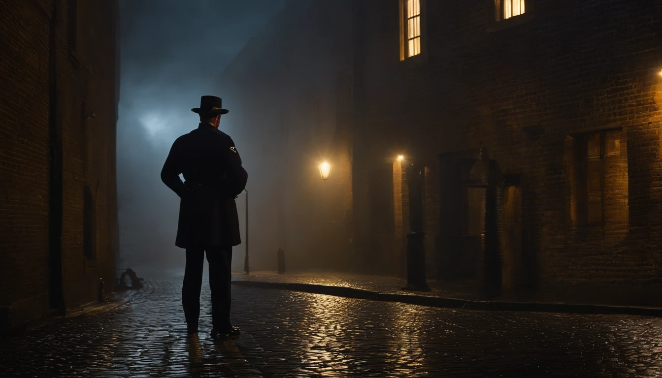 best quality. A Lone Cop, Holding his helmet in one hand, an expression of astonishment on his face, It's standing at midnight on the damp cobblestones of a small English mill town in the year 1905. He's looking up at the sky, And flooding it is a huge luminous object, um elipsoide brilhante.