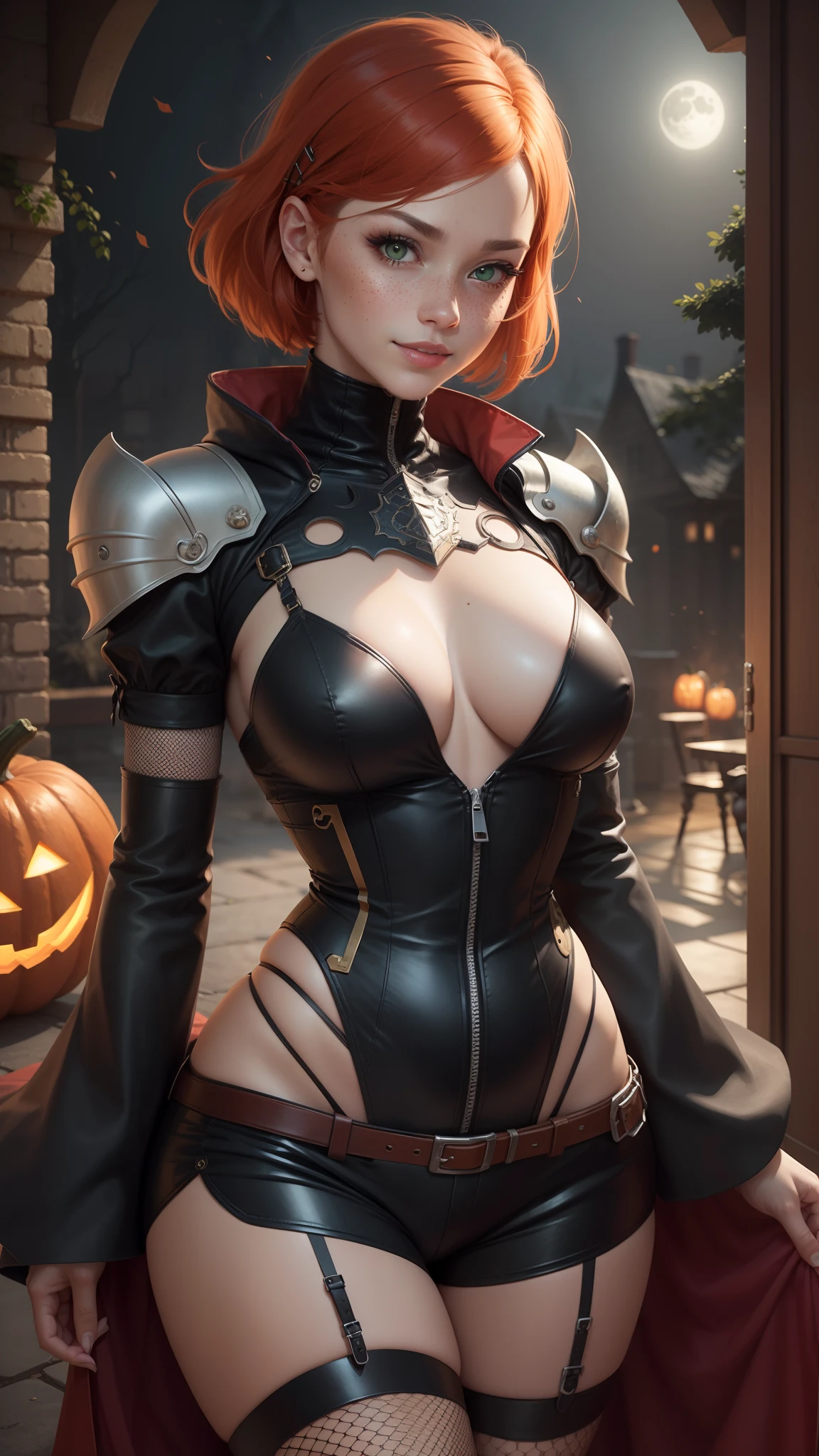 gwen tennyson,tracer,yorha 2b, anko mitarashi,atelier ryza,nier automata,1girl,close up,mecha pilot,tattoos,halloween forest,golden and red plugsuit,pirate corset,silver long sleeve lycra top,steel lycra micro shorts,short hair,cute makeup, green eyes,red and gold hair,shy smile, freckles,redhead,beautiful girl,large breasts,ultra detailed, realistic,fantasy art,fishnet stockings,steel armor,halloween pumpkin,moonlight,witch cloak,neck and head jewelry,hair pin,