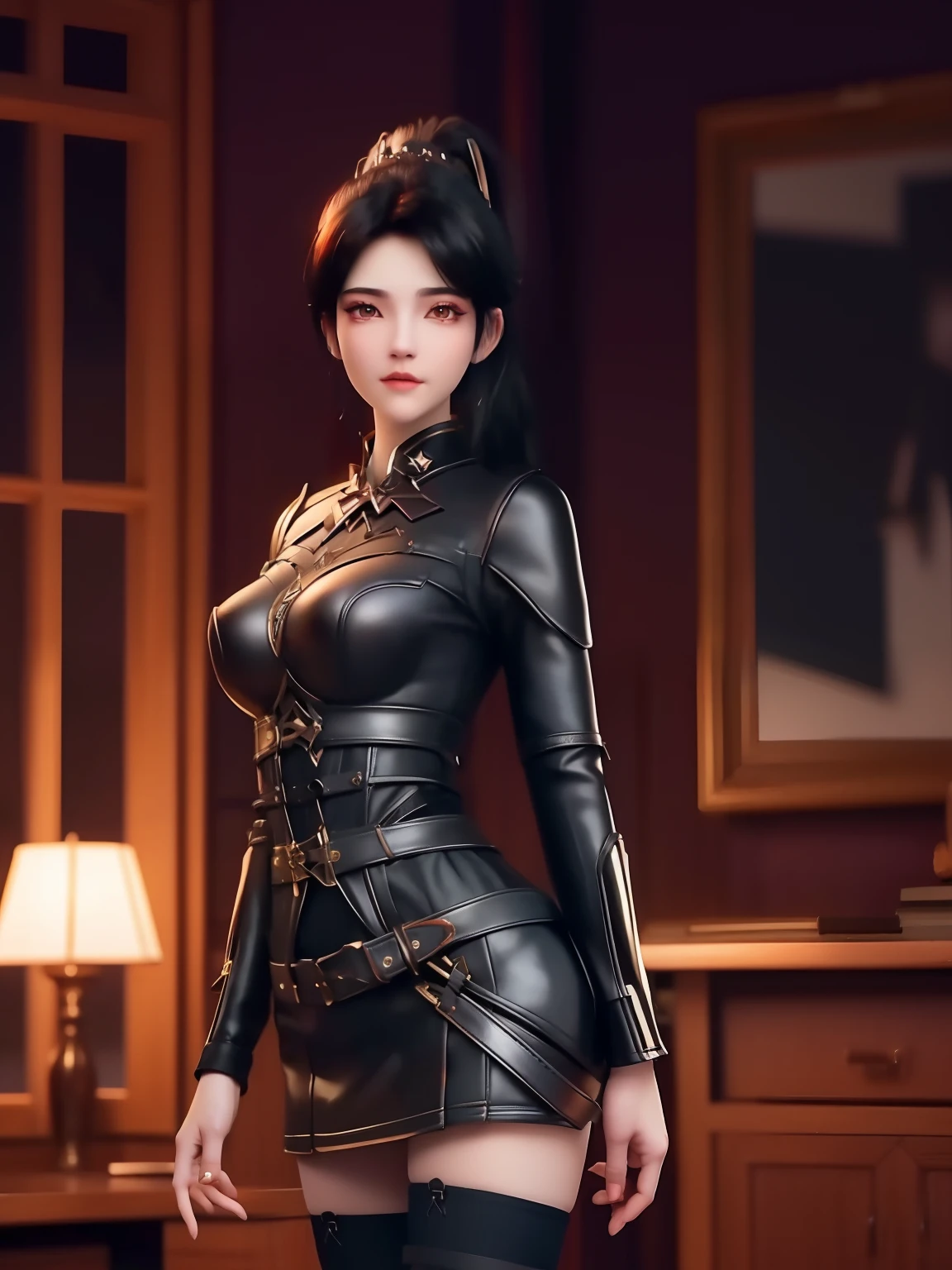 SYWZwangyuanyuan,1girl,high ponytail,,((Midnight, Best quality, 8k, Masterpiece :1.3)),(masterpiece), (best quality), (perfect face), extremely detailed skin pores, (detailed skin:1.2), artstation, night, office, night sky,
cool girl, dark business jacket, dark business skirt, thighhighs, black short hair, straight face, light smile, standing, portrait,
