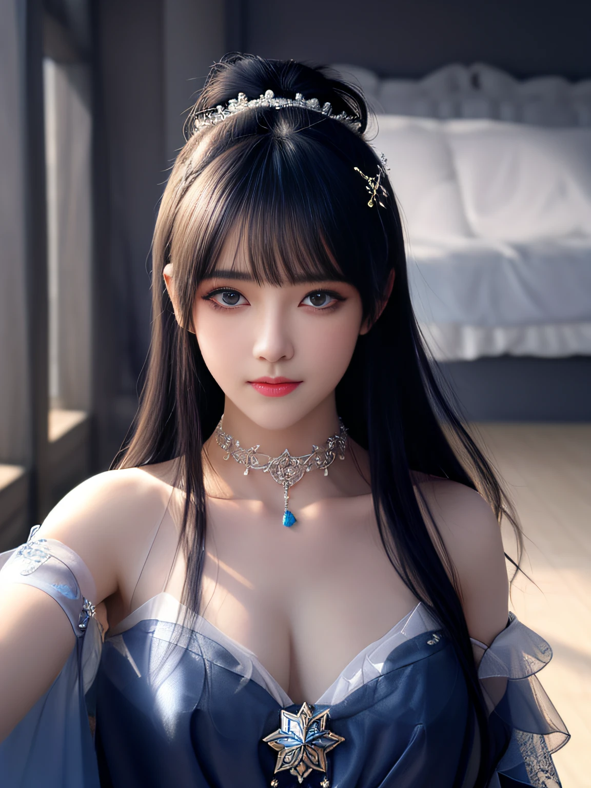 absurderes,unbelievable Ridiculous,hugefilesize,ultra - detailed,the heirs,The is very detailed,Best quality at best,tmasterpiece,An extremely delicate and beautiful,The is very detailed,CG,Solidarity,8k wallpaper,An Astonishing,finely detailled,tmasterpiece,Best quality at best,offcial art,extremely detailed CGunity8k wallpapers,1girll,独奏,Blue hair,eBlue eyes,Long hairs,hairoveroneeye,Keep your mouth shut,Star symbol,jewelry,Floating hair,hair adornments,By bangs,The upper part of the body,At a glance,sportrait,Shine,choker necklace,eyeslashes,Bigchest,There are very deep,There is a light in the chest,Looming,Extremely Delicately Beautiful,Delicate collarbones,beautiful make up,Exquisite and perfect facial features,looking toward the viewer,photon maping, Radio City, physically-based renderingt, above waist