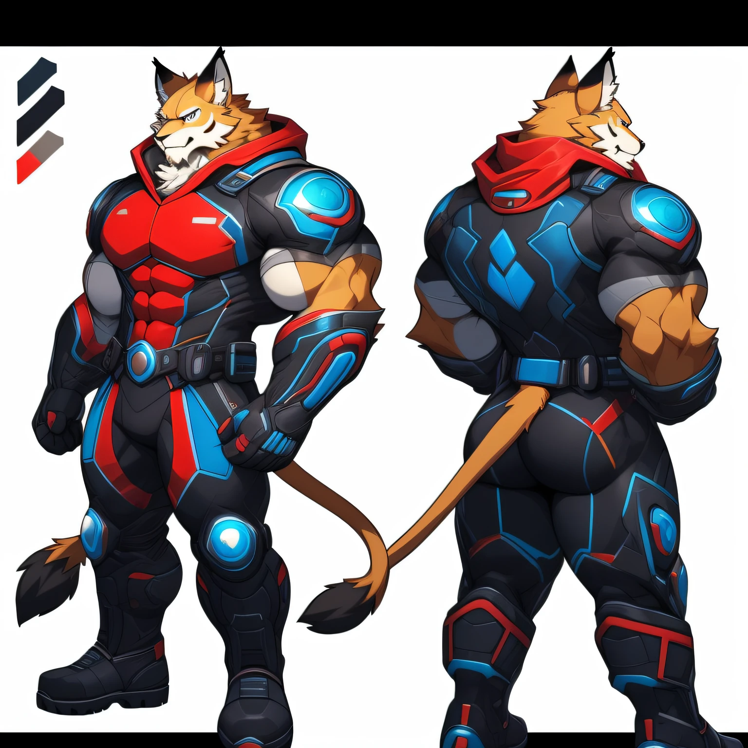 Close-up of a character, ((Character concept art)), ((Character Design Sheet, Same character, front, from the side, back)) Image of the character, video game character design, video game character design, ((Masterpiece)), (((Best quality))), illustration, environment Scene change, pose too, (Simple background, white background: 1.3) lap, multiple_Views, Concept art, Reference sheet, multiple views, (Multiple views of the same character in the same outfit: 1.3.) Leomon, Gigachad, (very detailed eyes:1) (very detailed face:1) (very detailed iris and pupils :1.2) black bodysuit, massive muscles, huge pecs, ((massive pectorals)) ((huge pectorals)) chiseled abs, huge pectorals, exaggeratedly huge muscles. A furry hero whose presence inspires trust and respect. (((His black bodysuit covers from neck to ankles, boots, gloves,ñ.))) ((black fabric bodysuit)) huge muscular thighs firm, round buttocks and round butt in with his back, lion tail, long tail, huge ass ((huge buttocks))