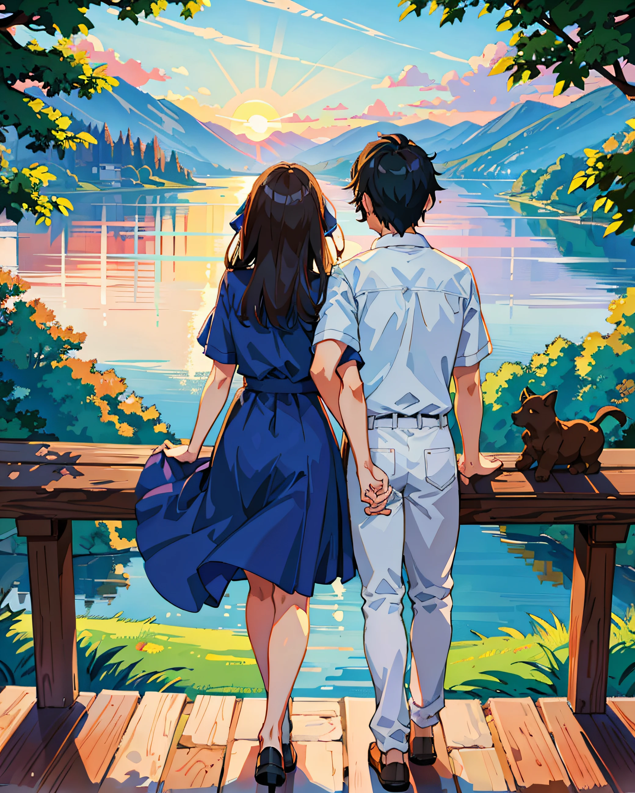 Masterpiece, a pair of lovers, (boy and girl)enjoying the sunset, on the edge of the lake, love mode, profesional art, art concept, landscape, (wallpaper unified 8k), best view, HD quality, detailed, perfect view, esthetic, nft.