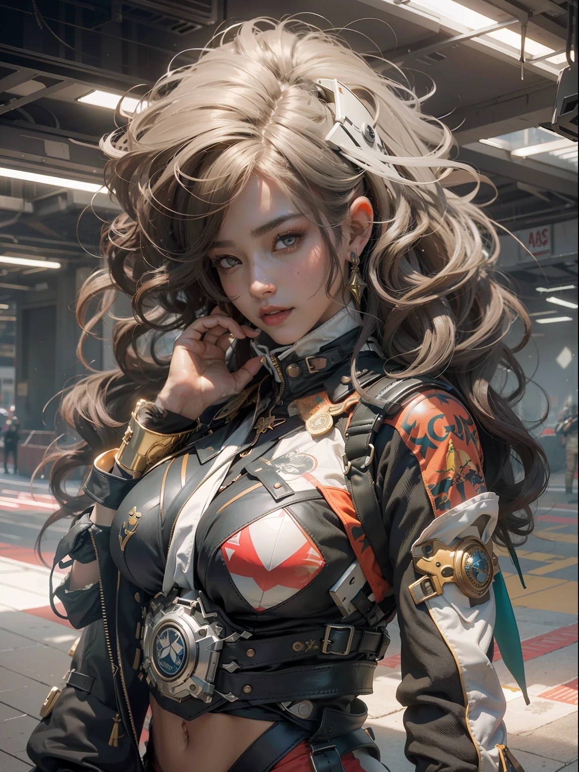 ((top-quality)), ((​masterpiece)), (detailliert: 1.4), (Absurde), Latina Women, defined body, Half thick thighs, Mouth closed, Covered in gladiatorial clothes, Post-apocalyptic cyberpunk style, ((middlebreasts)), (beautidful eyes), ((Clothing in the colors of the Brazilian flag)), (((curlyhair))), (Include a five-pointed star in your uniform), near the real, psychopath, Crazy Face, sexy  pose, Intricate design made by Shepard Fairey in the background, Ultra-detailed shoulder pads, nijistyle, concentrating, scale to fit the dimensions, nffsw (High dynamic range),Ray tracing,NVIDIA RTX,Hyper-Resolution,Unreal 5,and the underground is scattered, PBR Texture, Post-processing, Anisotropy Filtering, depth of fields, Maximum clarity and sharpness, multi-layer texture, Albedo e mapas Speculares, Surface Shading, accurate simulation of light and material interactions, perfectly proportions, Octane Render, Two-tone lighting, Wide aperature, Under ISO, White Balance, thirds rule, 8K Raw、huge tit、Nipples show through、Emphasis on crotch