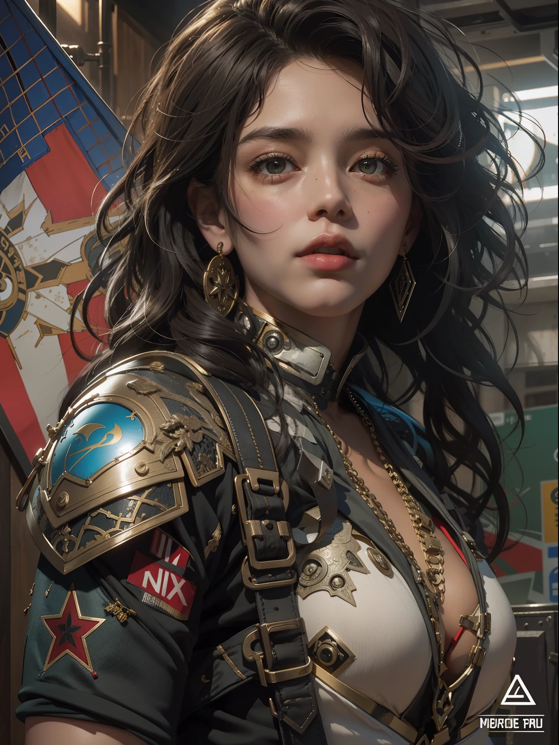 ((top-quality)), ((​masterpiece)), (detailliert: 1.4), (Absurde), Latina Women, defined body, Half thick thighs, Mouth closed, Covered in gladiatorial clothes, Post-apocalyptic cyberpunk style, ((middlebreasts)), (beautidful eyes), ((Clothing in the colors of the Brazilian flag)), (((curlyhair))), (Include a five-pointed star in your uniform), near the real, psychopath, Crazy Face, sexy  pose, Intricate design made by Shepard Fairey in the background, Ultra-detailed shoulder pads, nijistyle, concentrating, scale to fit the dimensions, nffsw (High dynamic range),Ray tracing,NVIDIA RTX,Hyper-Resolution,Unreal 5,and the underground is scattered, PBR Texture, Post-processing, Anisotropy Filtering, depth of fields, Maximum clarity and sharpness, multi-layer texture, Albedo e mapas Speculares, Surface Shading, accurate simulation of light and material interactions, perfectly proportions, Octane Render, Two-tone lighting, Wide aperature, Under ISO, White Balance, thirds rule, 8K Raw、huge tit、Nipples show through、Emphasis on crotch