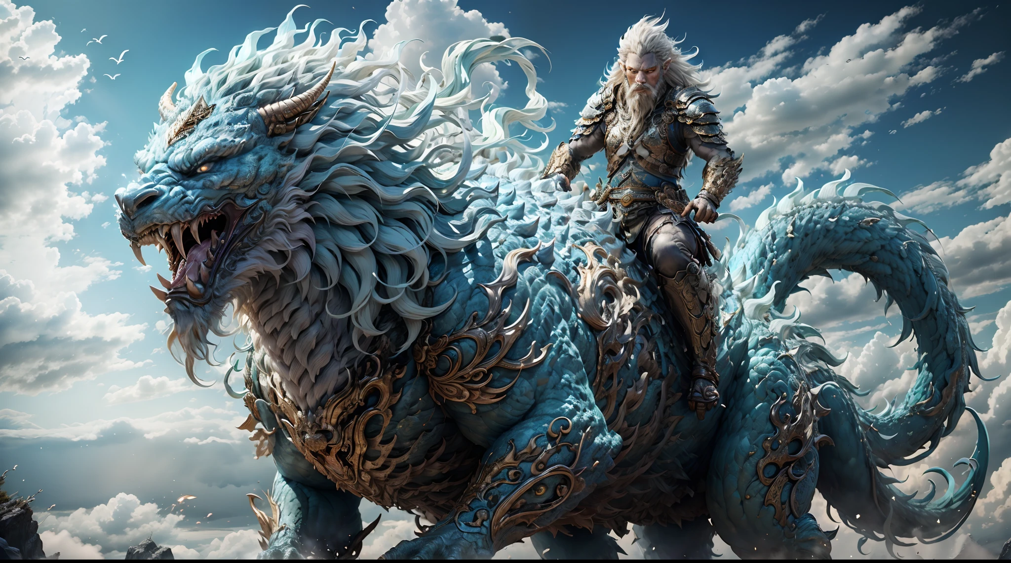 Great Wilderness East Meridian，dream-state、fanciful、A mythical beast、banya，tmasterpiece，Toenails，pale-blue，sickle，salama，Layered hair，火焰，white colors，Fur，pastel green，Riding，metall armour，超高分辨率，high high quality，Export details