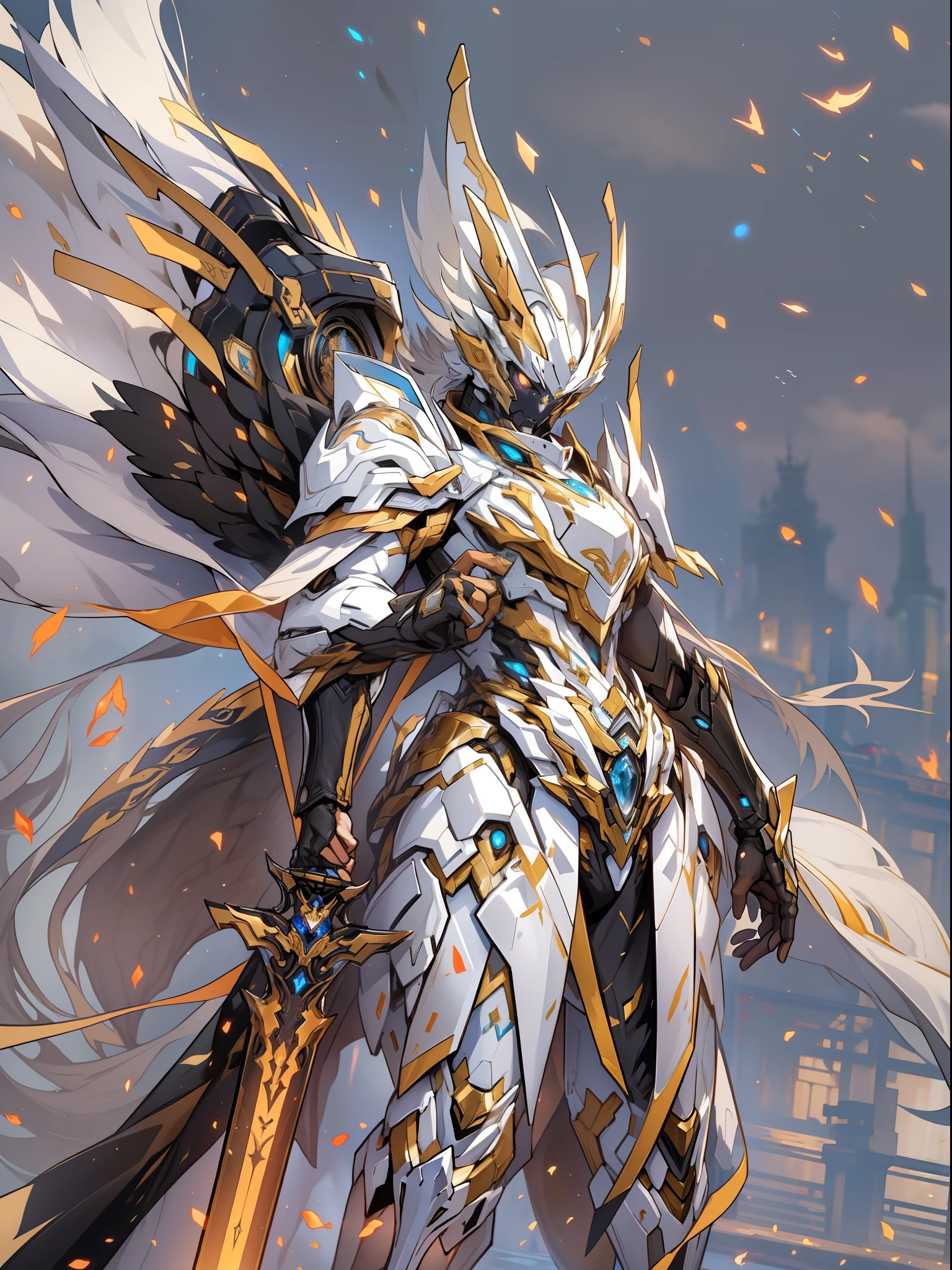 super wide shot, Full body frontal photo, Paladin style,《White and brown mechs》，（Hold the holy sword，《Cloaked》），（There were flames all around，Full body mecha，The whole body is surrounded by the breath of flames）, Keqing from Genshin Impact, (Masterpiece) ， The best quality， High quality，Black and gold shell armor，电影灯光， （Exquisite future）， Beautiful and beautiful， Ultra detailed， great composition， Floating， Depth of field， （Very detailed CG，Unity 8k壁纸）， （Beautiful detail background）， dramatic lights，Orc form，droid，mechs，Dragon tail，Dragon wings，erect through，best qualtiy，超高分辨率，vividness ，Standby，Model design