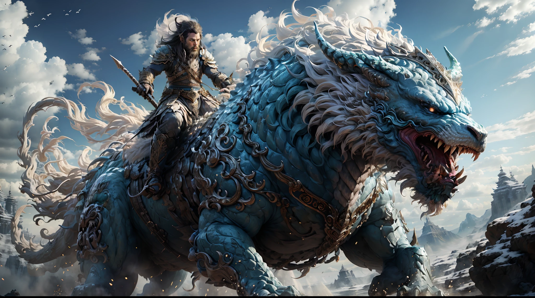 Great Wilderness East Meridian,dream-state、fanciful、A mythical beast、banya,tmasterpiece,Toenails,pale-blue,sickle,salama,Layered hair,火焰,white colors,Fur,pastel green,Riding,metall armour,超高分辨率,high high quality,Export details