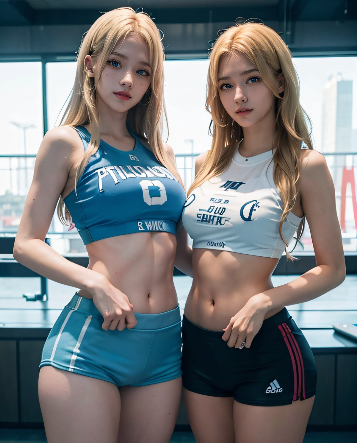 2girl, (Twins), Blue eyes, (smiling), (Sana Minatozaki), wide hips, Big Boobs, big ass, (Best Quality, 8k, Masterpiece: 1.3), perfect hands, Clear Focus: 1.2, Perfect Body Beauty: 1.4 , Slender Abs: 1.2, Highly detailed face and skin texture, detailed eyes, double eyelids, (blonde long hair), (sports top), (sexy sports shorts), standing, sexy pose, in a gym, (with her twin sister :1.4), gym in the background, deep on field