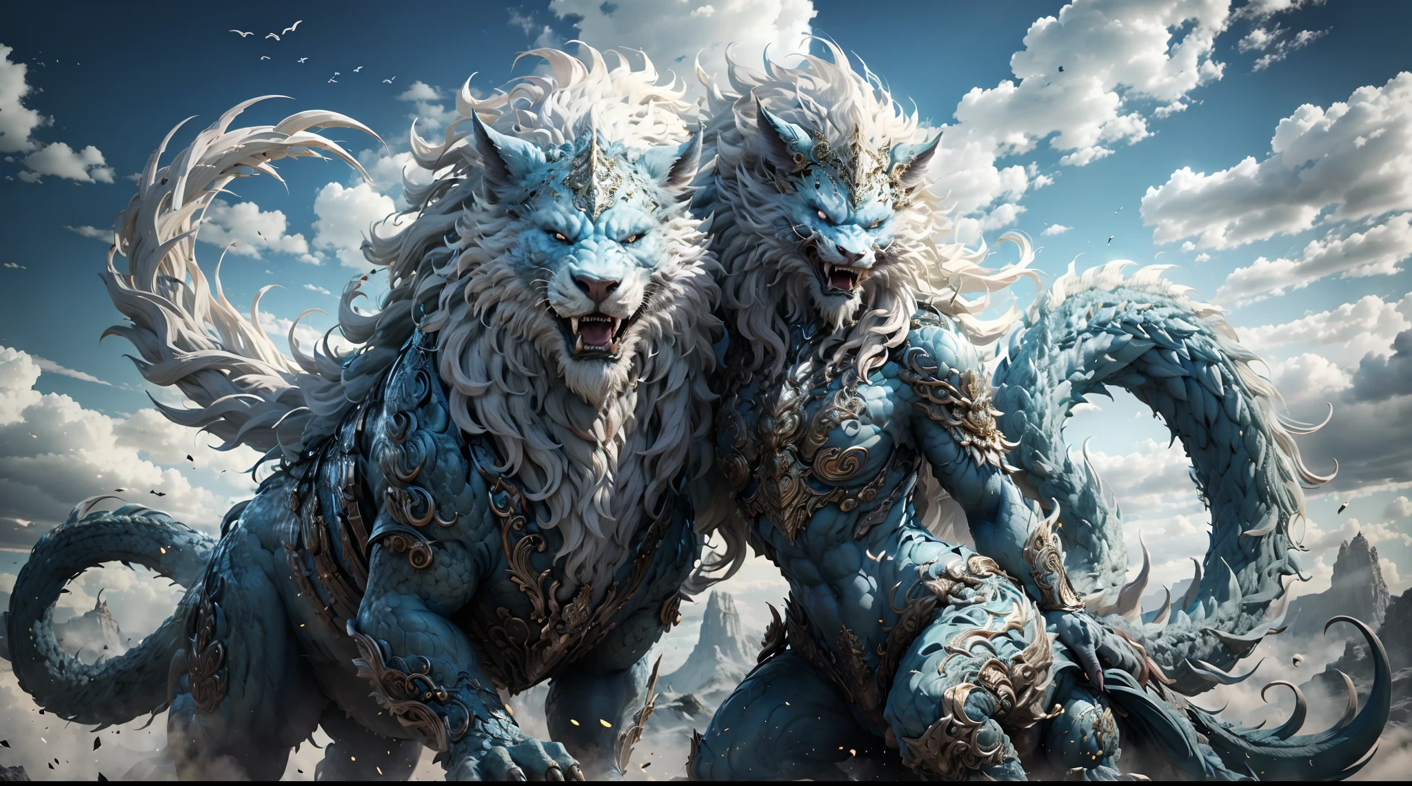 Great Wilderness East Meridian,dream-state、fanciful、A mythical beast、banya,tmasterpiece,Toenails,pale-blue,sickle,salama,Layered hair,火焰,white colors,Fur,pastel green,Riding,metall armour,超高分辨率,high high quality,Export details