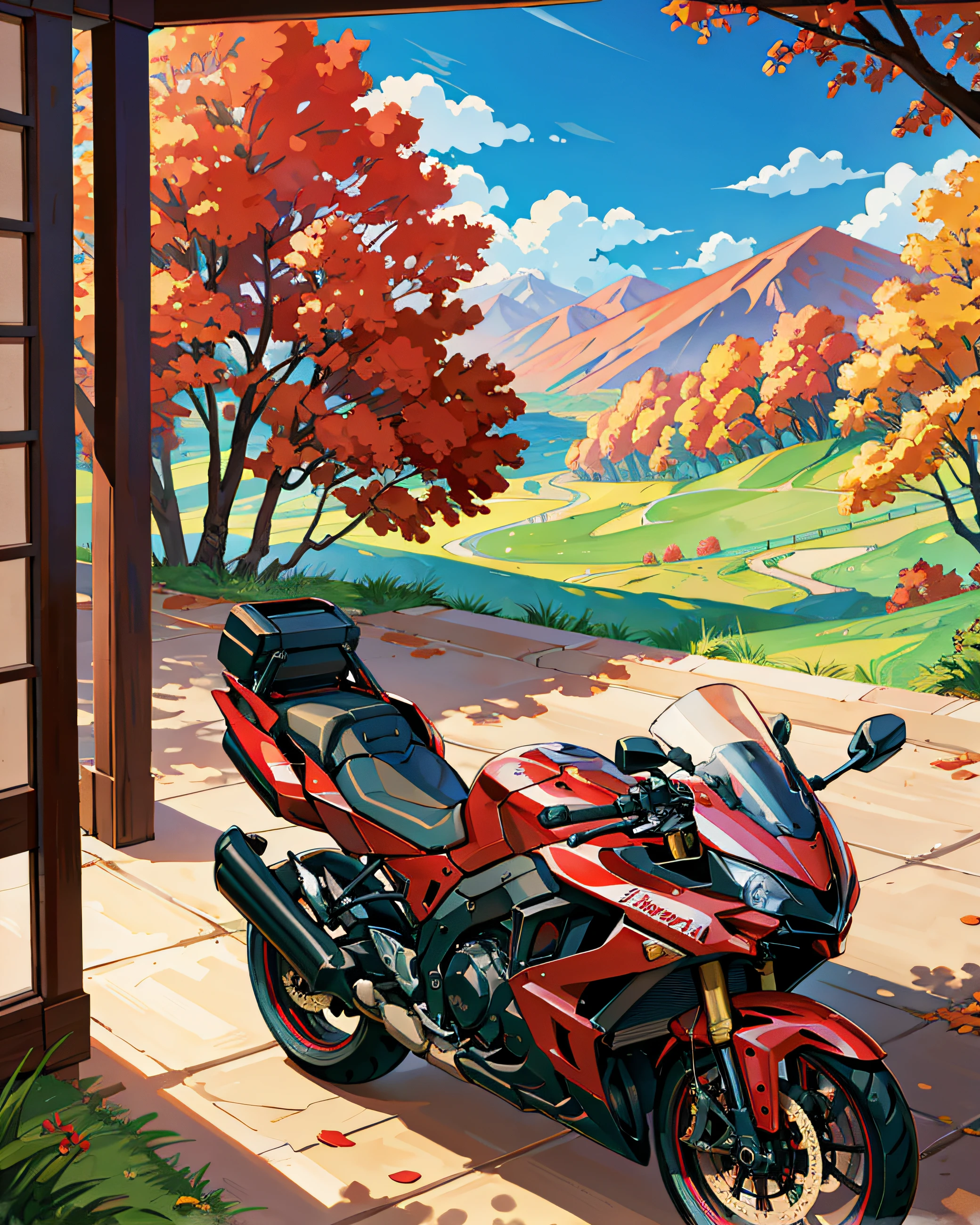 Masterpiece, a motorcycle, resting, view seemed far away, red tress, spring, adventure, nature,  primitive, profesional art, art concept, landscape, (wallpaper unified 8k), best view, HD quality, detailed, perfect view, esthetic, nft.