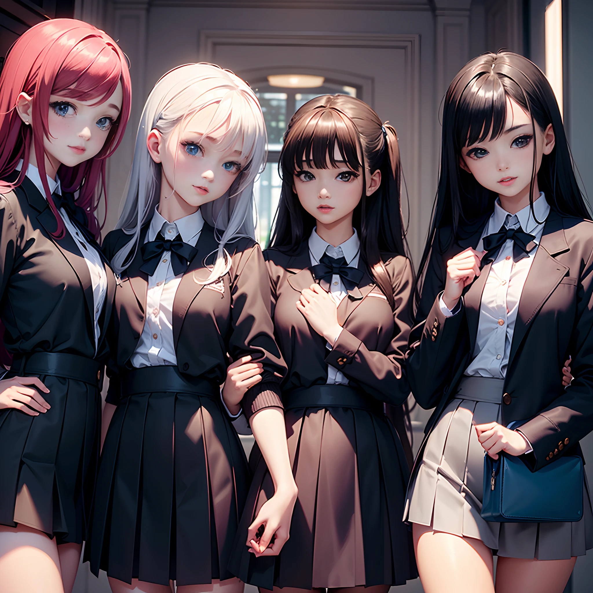 Masterpiece, 4girls, wearing school uniform, beauty and cute, high detailed, dinamic lighting, vivid colours,