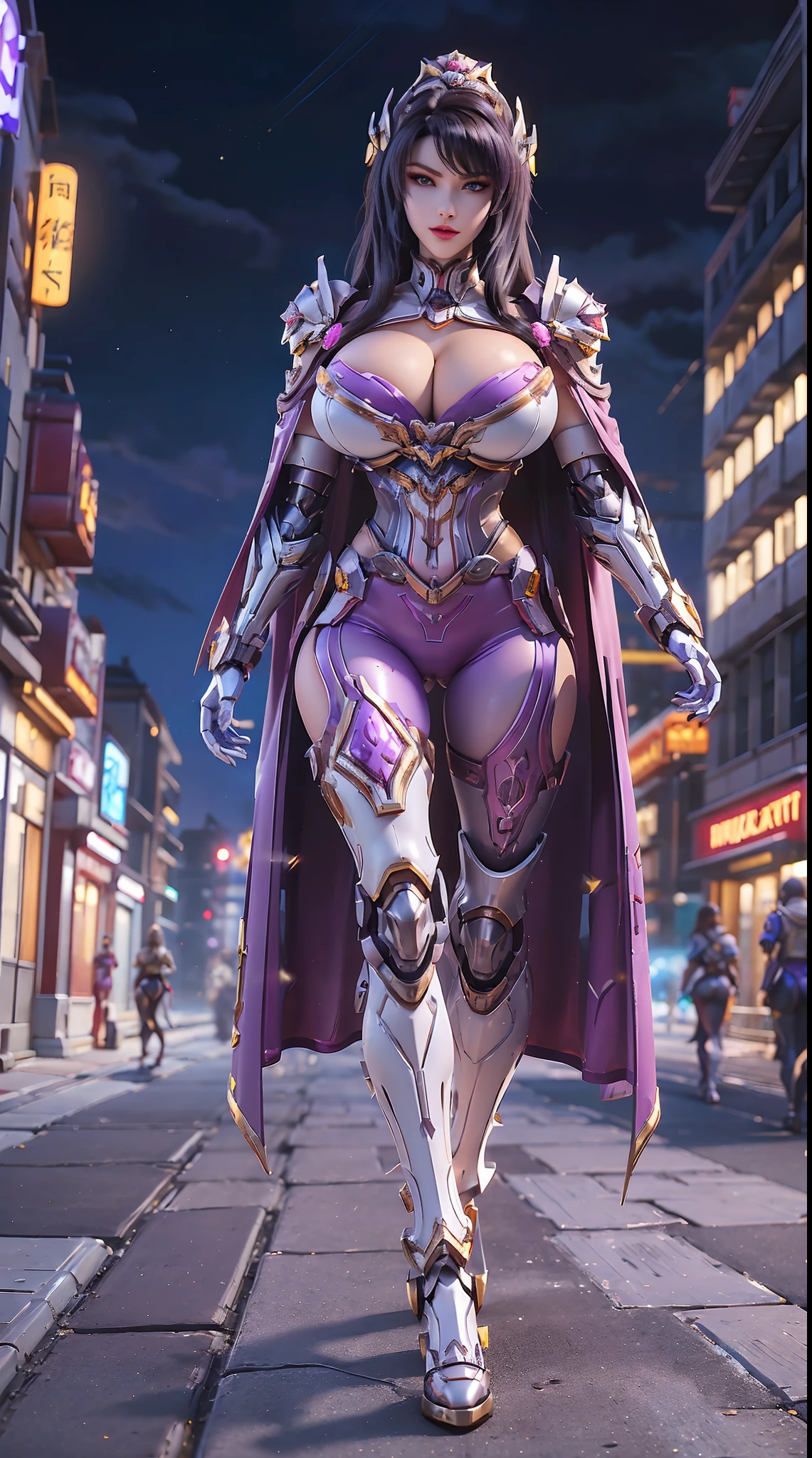 1GIRL, SOLO, (ssmile, makeup, beautifull eyes, red libs, gold ornament hair), (HUGE FAKE BOOBS:1.3), (GUARD ARM), (white, purple, blue, FROM OVERWATCH, IN FUTURISTIC DRAGON ARMOR, GIRL IN MECHA CYBER ARMOR, ROYAL CAPE, CLEAVAGE, SKINTIGHT YOGA PANTS, HIGH HEELS:1.5), (SLENDER BODY, SEXY LONG LEGS, FULL BODY:1.3), (LOOKING AT VIEWER:1), (WALKING DOWN ON STREET NIGHT CITY:1.3), PHYSICALLY-BASED RENDERING, ULTRA HIGHT DEFINITION, 8K, 1080P.