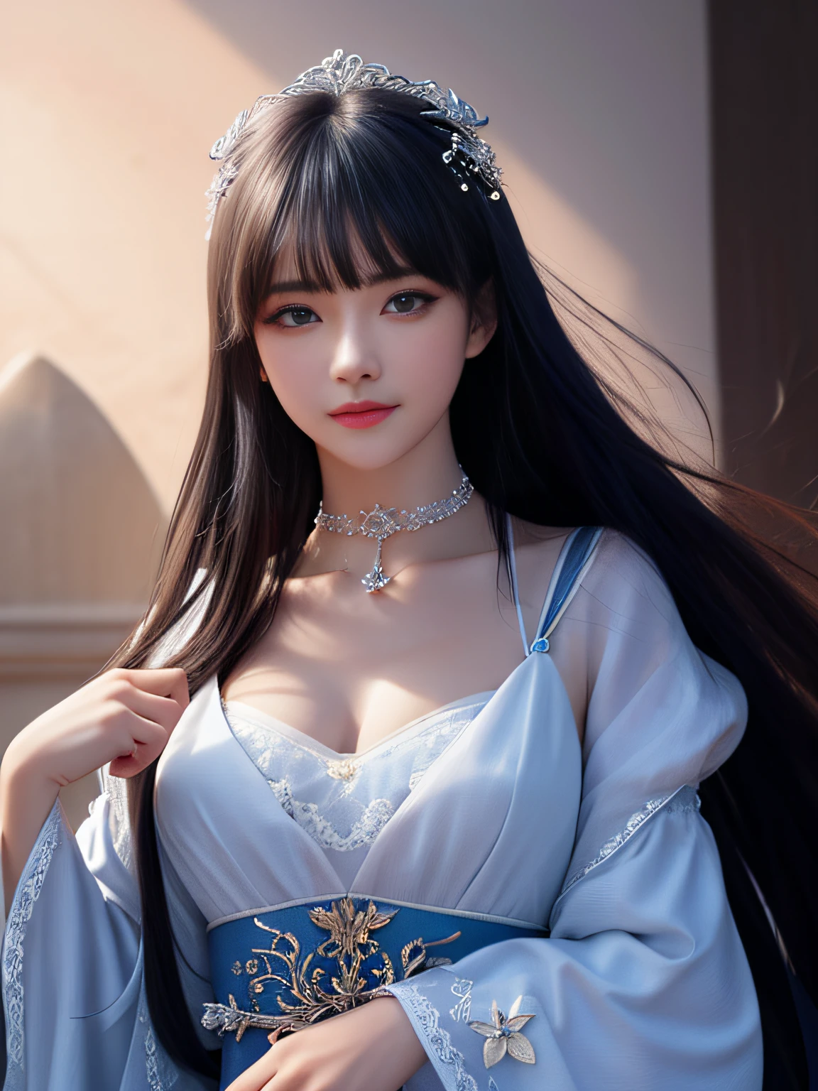 absurderes,unbelievable Ridiculous,hugefilesize,ultra - detailed,the heirs,The is very detailed,Best quality at best,tmasterpiece,An extremely delicate and beautiful,The is very detailed,CG,Solidarity,8k wallpaper,An Astonishing,finely detailled,tmasterpiece,Best quality at best,offcial art,extremely detailed CGunity8k wallpapers,1girll,独奏,Blue hair,eBlue eyes,Long hairs,hairoveroneeye,Keep your mouth shut,Star symbol,jewelry,Floating hair,hair adornments,By bangs,The upper part of the body,At a glance,sportrait,Shine,choker necklace,eyeslashes,Bigchest,There are very deep,There is a light in the chest,Looming,Extremely Delicately Beautiful,Delicate collarbones,beautiful make up,Exquisite and perfect facial features,looking toward the viewer,photon maping, Radio City, physically-based renderingt, above waist