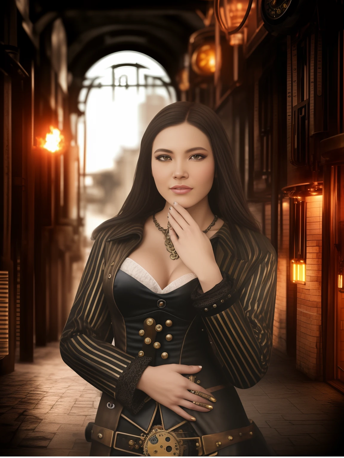 Female Photo, (in front of the camera), Detailed European Face, (An aspiring expression on his face), (((Steampunk fence))), ((Steampunk City in the background)), Raw, style of, Ultra detailed photography, 电影灯光, Artstation, 4k, Sharp focus, high resolusion, detailed skin, A detailed eye,