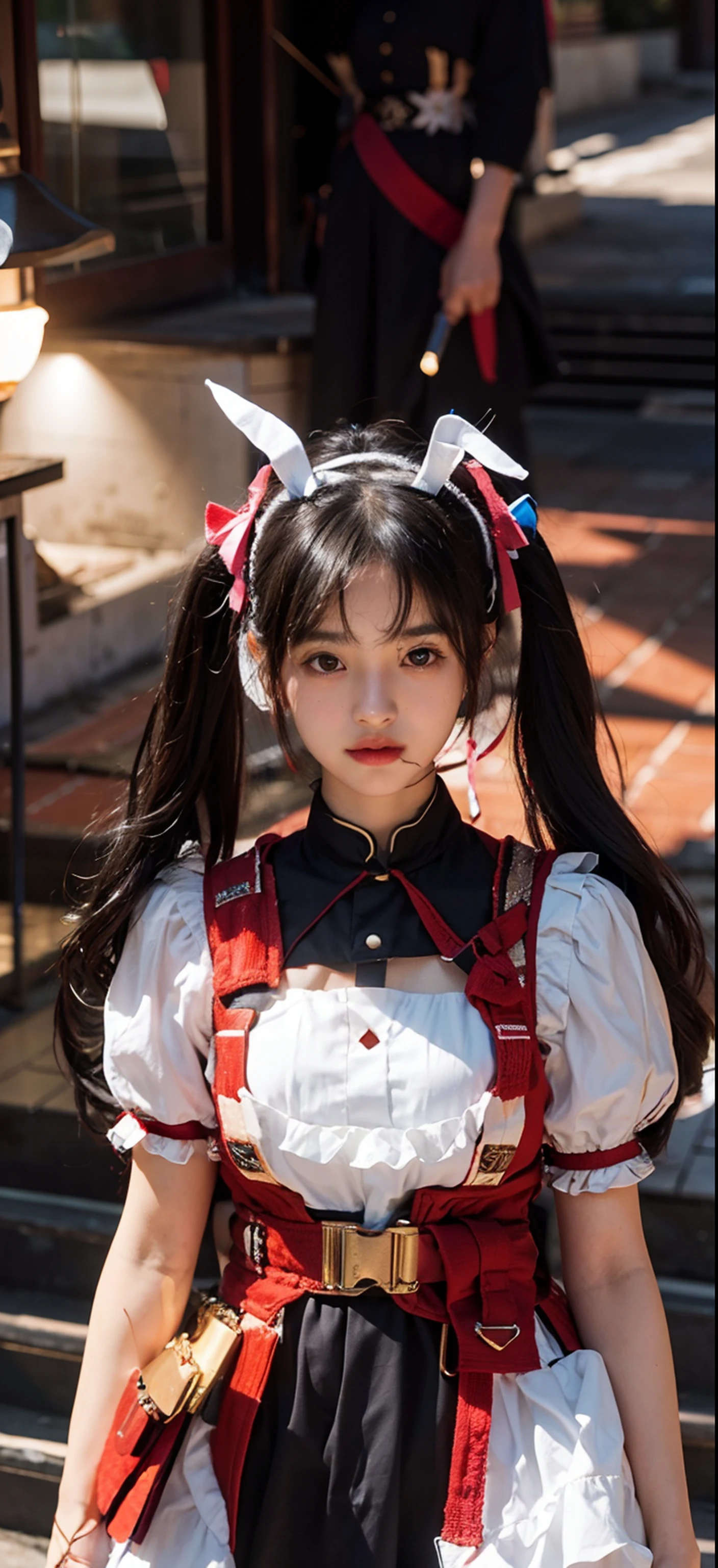 (wear white school uniform top over black playboy_bunny leotard:1.3), (sailor collar:1.2), (red tie:1.3), (fake animal ears), (Parted clothes at the top and bottom:1.2), (short sleeves:1.1), (black BunnyGirl Costume:0.8), (fishnet stockings:1.2), High heels, (rabbit_tail:1.2),