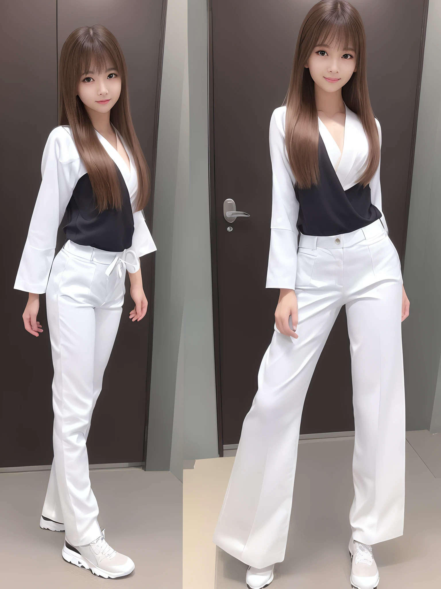 (Photorealsitic)(), Perfectly beautiful woman, (Full body 8K portrait), White Karate Uniform, White karate pants, Large bust,Stand alone, Make a high side kick, Large and dynamic hand and foot movements, Correct skeleton, beautiful proportion, Perfect facial detail, (Smile: 1.15), attractive beautiful face, gazing at viewer, a small face, 二重まぶた, Beautiful detailed eyes, long eyeslashes, ligh brown hair, poneyTail, Toned waist, Beautiful thin legs, toned ankles, bare-legged ,TOKYOcty