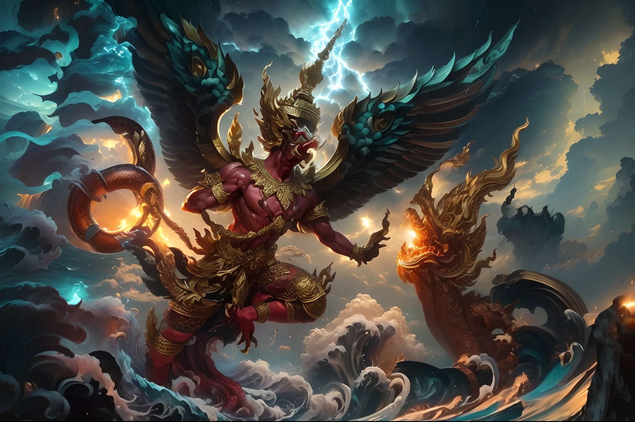 (masterpiece, best quality), (extremely detailed), absurdres, highres, PhayaKrut King Garuda on sky, fight with NagaSerpentGod in ocean, (chaos thunderstorm, large wave, Turbulent sea:1.4)