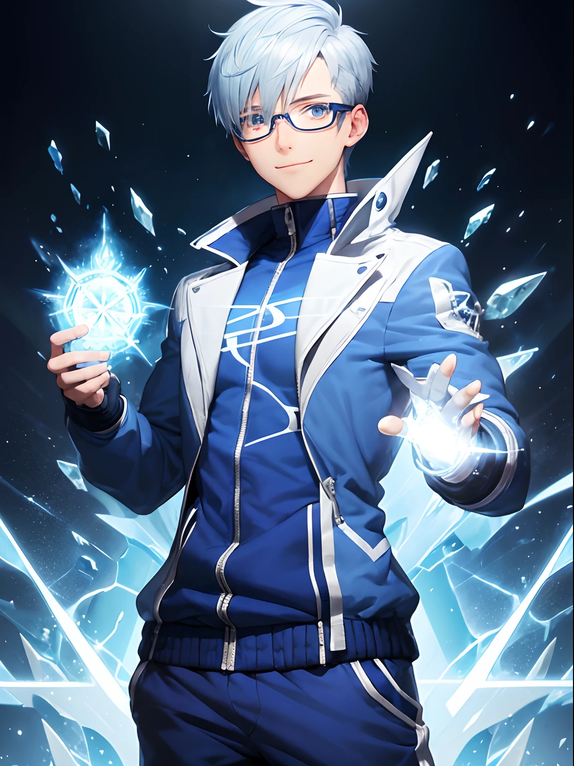 1male, blue jacket, blue eyes, short hair, white hair, ((undercut hair)), sweatpants, glasses, happy smile, ((ice powers)), ((hide hands)), ((no hands showing))