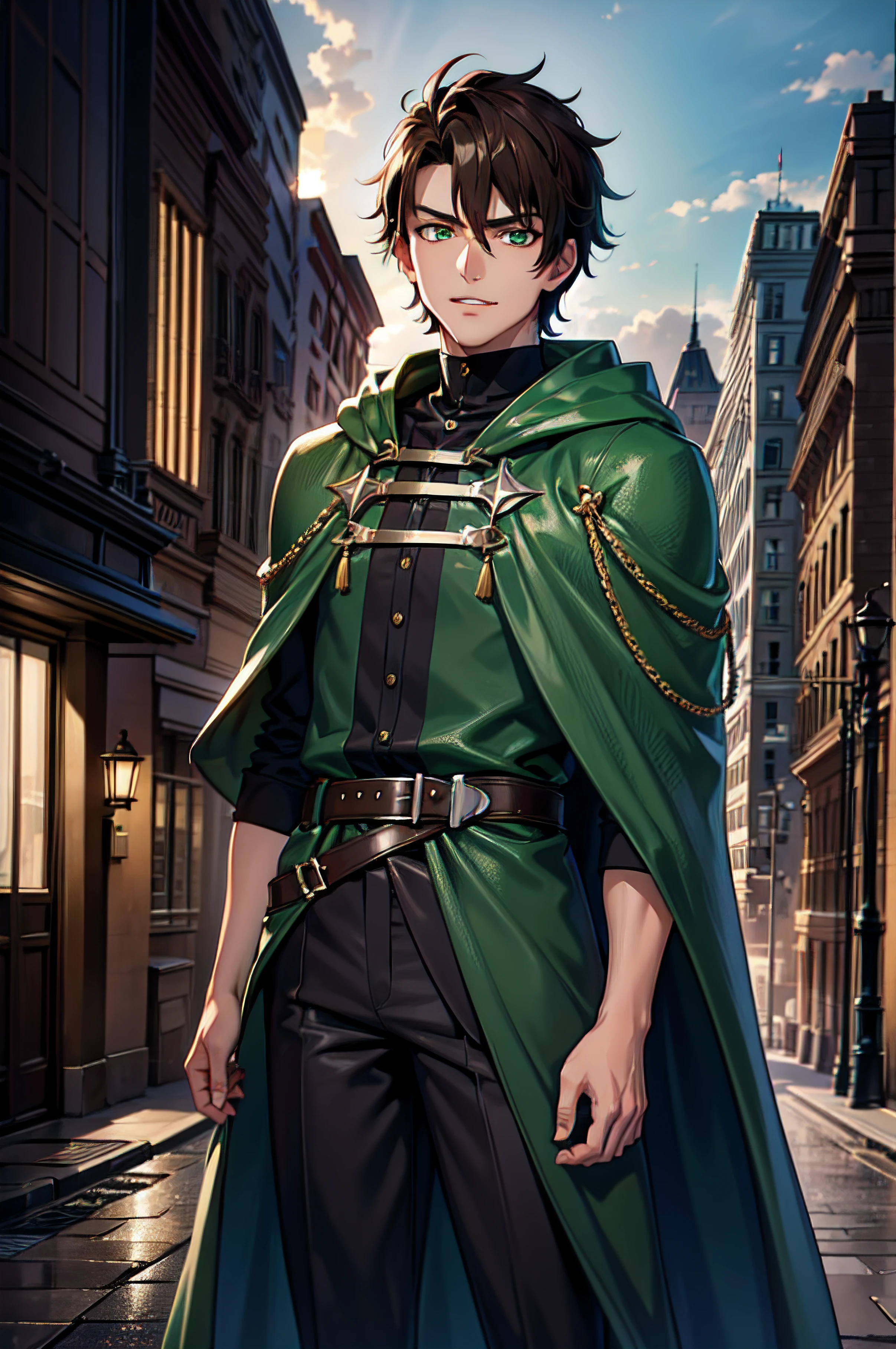 Best quality, masterpiece, high resolution, 8k, ultrasharp, 1boy, boy, tall boy, looking at viewer, standing straight, beautiful face, lips and nose, crazy angry smile, beautiful glowing green eyes, spiky brown hair, wearing green thorn cloak, green hood, brown belt, a quiver on his back, standing in a urban city, high resolution, best quality, 4k, 8k, ultrasharp, high quality