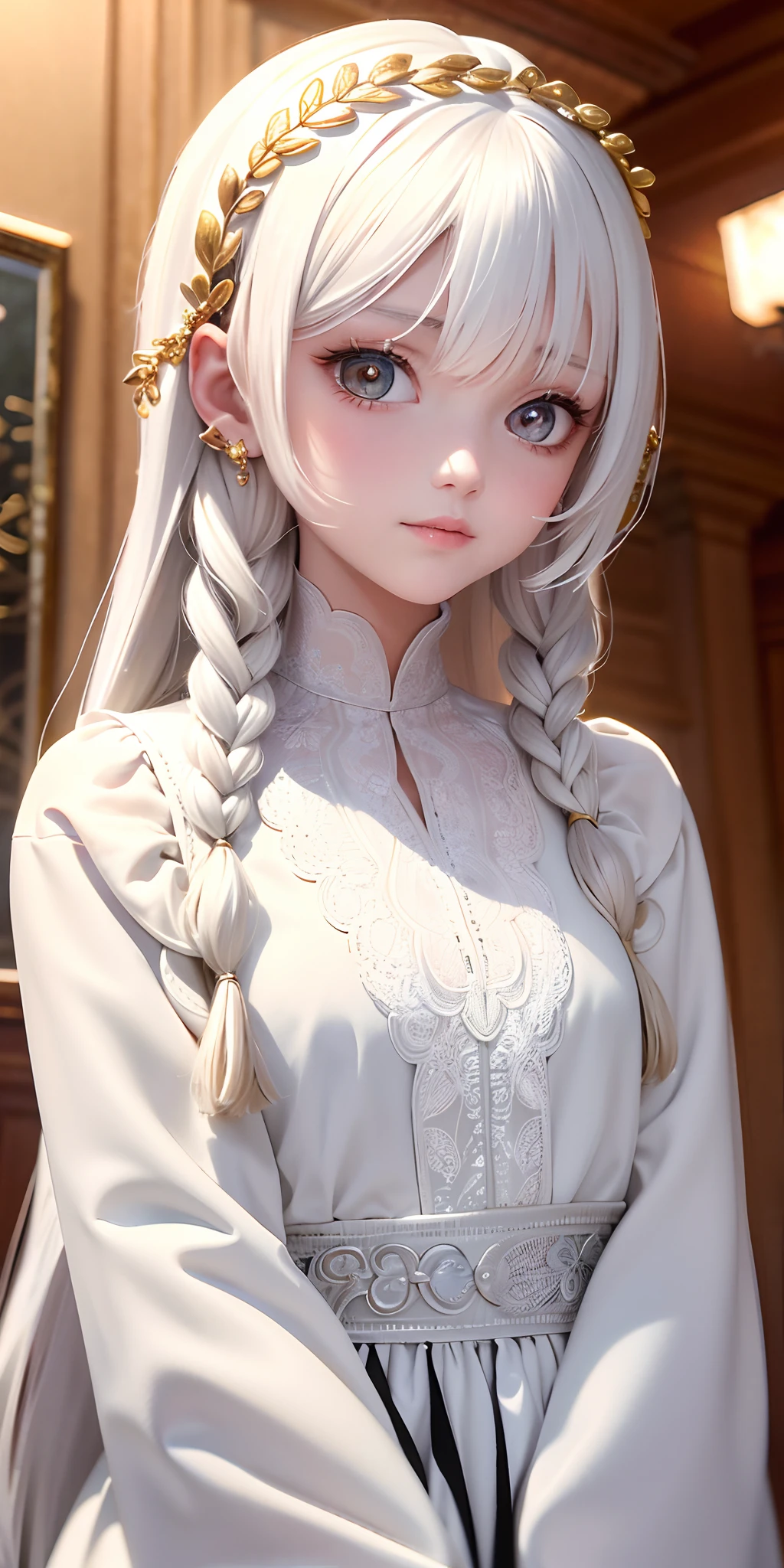 best quality, masterpiece,white hair, gold eyes,white clothes, looking up, upper body,hair strand,Fair skin,side braids