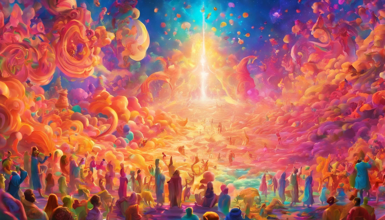 The Rapture ,Thousands of people are floating in the air,Standing on the clouds, Thousands of people are dressed in white, Raise your hands and sing hymns to praise God. The scenes are magnificent and surreal. (Best Quality, 4k, 8K, high resolucion, Masterpiece:1.2), Ultra-detailed, (realisitic, Photorealistic, Realistis:1.37), portrait of a, Vivid colors, studio lit, Sharp focus, physics based rendering, extreme detail description, Biblical Topics, grand ambience, radiant light.