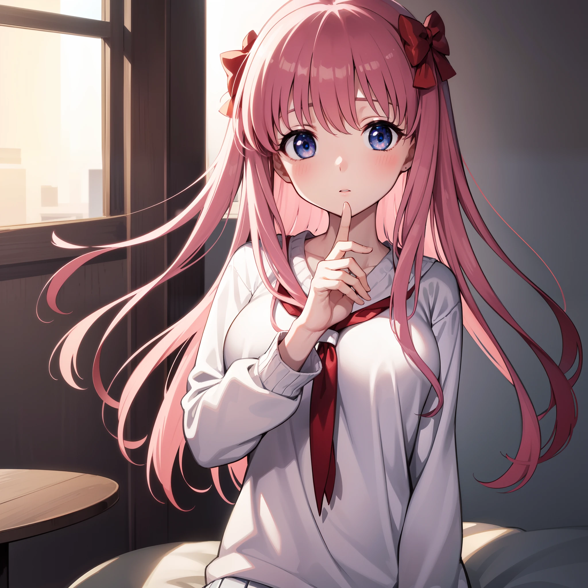 nodokaharamura, Nodoka Haramura, Blue eyes, Hair Bow, Long hair, Pink hair, Bow,
Mini skirt,Light brown sweater,Moe Sleeve, Skirt,
BREAK looking at viewer,
Break indoors,White Room,
BREAK (masutepiece:1.2), Best Quality, High resolution, Unity 8k壁纸, (Illustration:0.8), (Beautiful detailed eyes:1.6), extra detailed face, Perfect Lighting, extremely details CG, (Perfect hands, Perfect Anatomy),