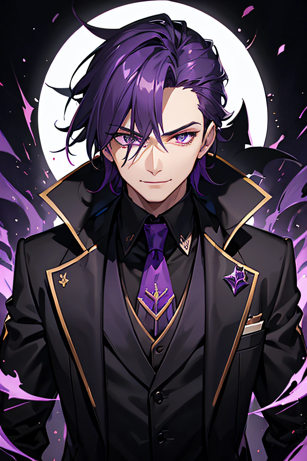 male,purple hair,dark academia,formal,distinguished,cool,black jacket,dark magic,sinister,smiling,psychology,playful,smirking, purple eyes, clean shaven,hair combed back, vtuber, sharp demeanor, villain, evil, focused, glowing eyes, corrupt aura, charismatic