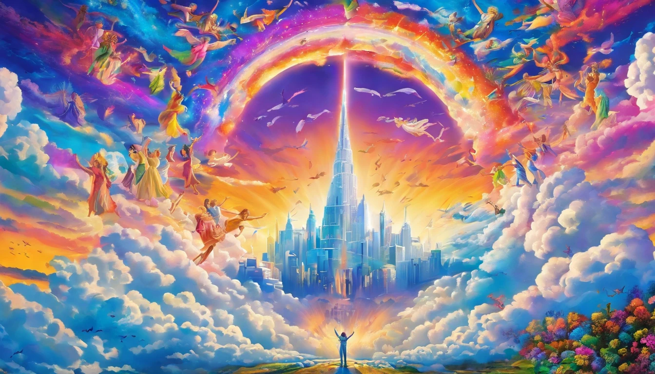 The Rapture ,Thousands of people are floating in the air,Standing on the clouds, Thousands of people are dressed in white, Raise your hands and sing hymns to praise God. The scenes are magnificent and surreal. (Best Quality, 4k, 8K, high resolucion, Masterpiece:1.2), Ultra-detailed, (realisitic, Photorealistic, Realistis:1.37), portrait of a, Vivid colors, studio lit, Sharp focus, physics based rendering, extreme detail description, Biblical Topics, grand ambience, radiant light.