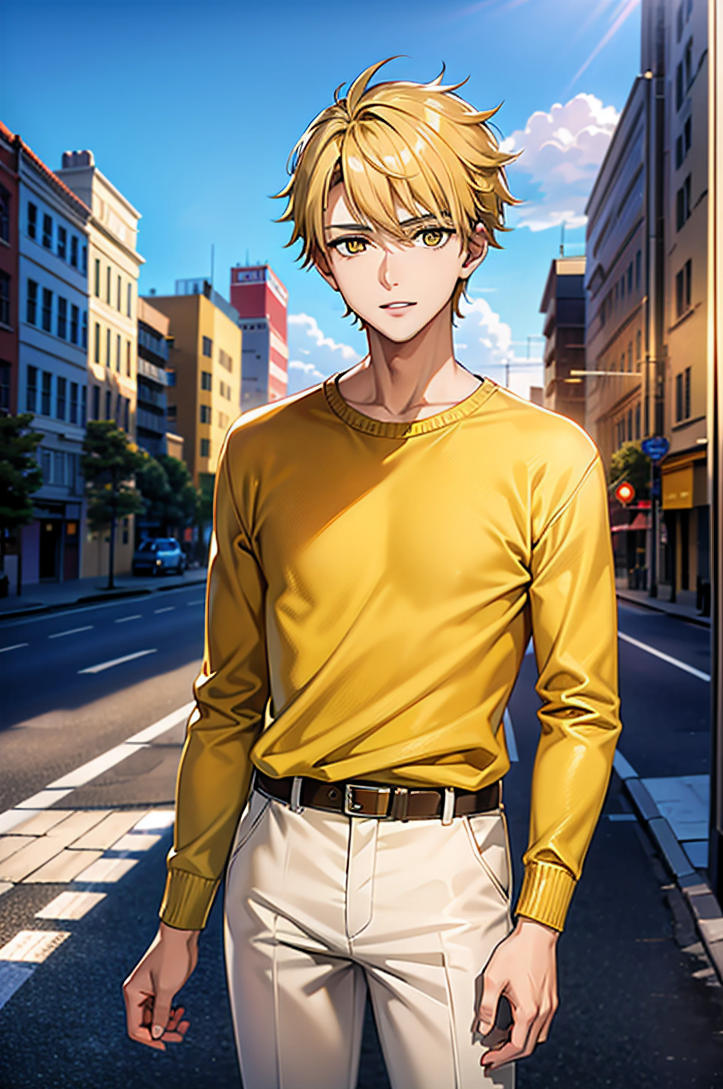 Best quality, masterpiece, high resolution, 8k, ultrasharp, 1boy, 17 year old boy, tall boy, looking at viewer, standing straight, cute face lips and nose, neutral face, beautiful bright honey yellow eyes, spiky yellow hair, wearing yellow sweater, white pants, standing in a urban city, high resolution, best quality, 4k, 8k, ultrasharp, high quality