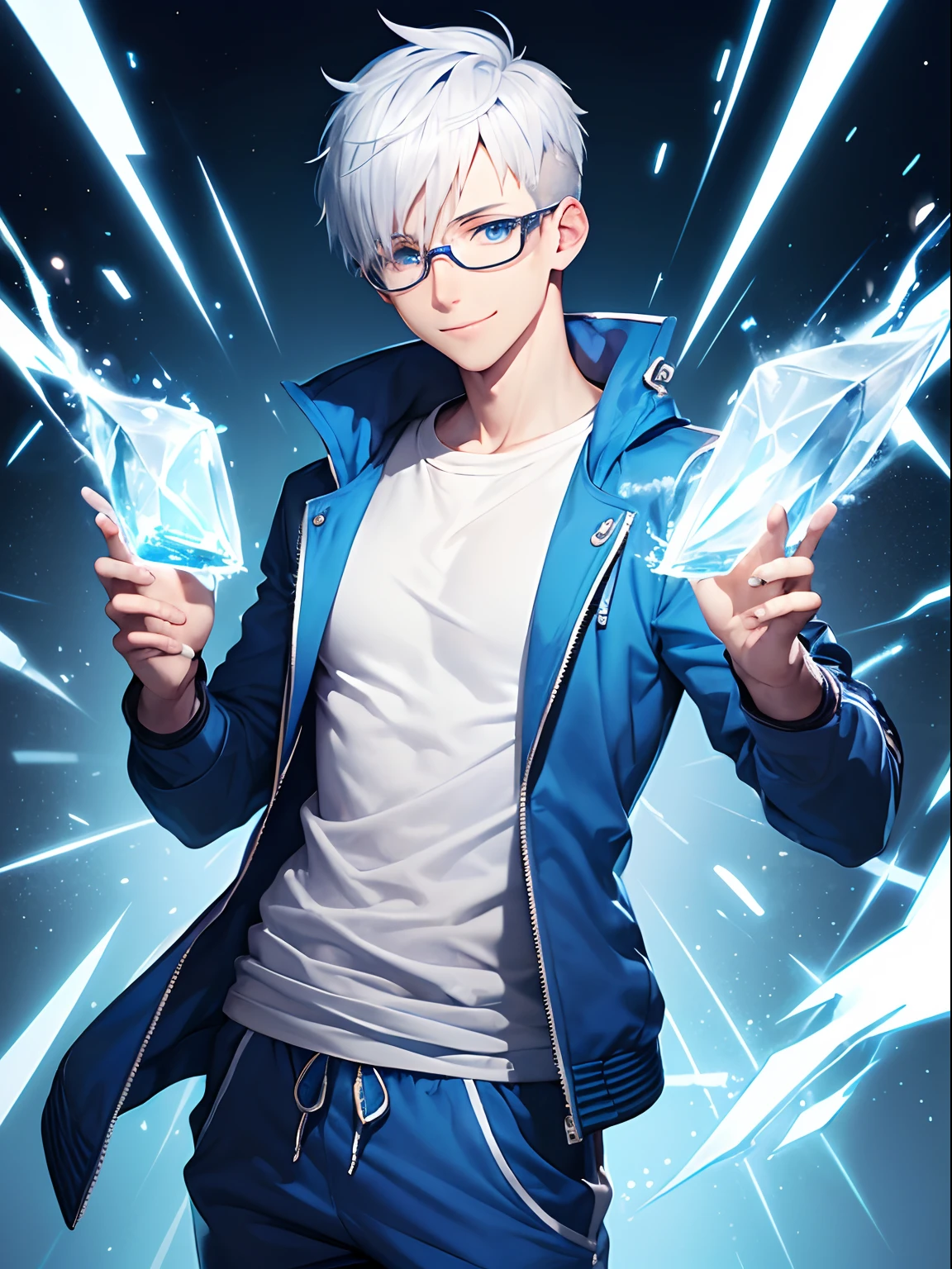 1male, blue jacket, blue eyes, short hair, white hair, ((undercut hair)), sweatpants, glasses, happy smile, ((ice powers)), ((hide hands)), ((no hands showing))