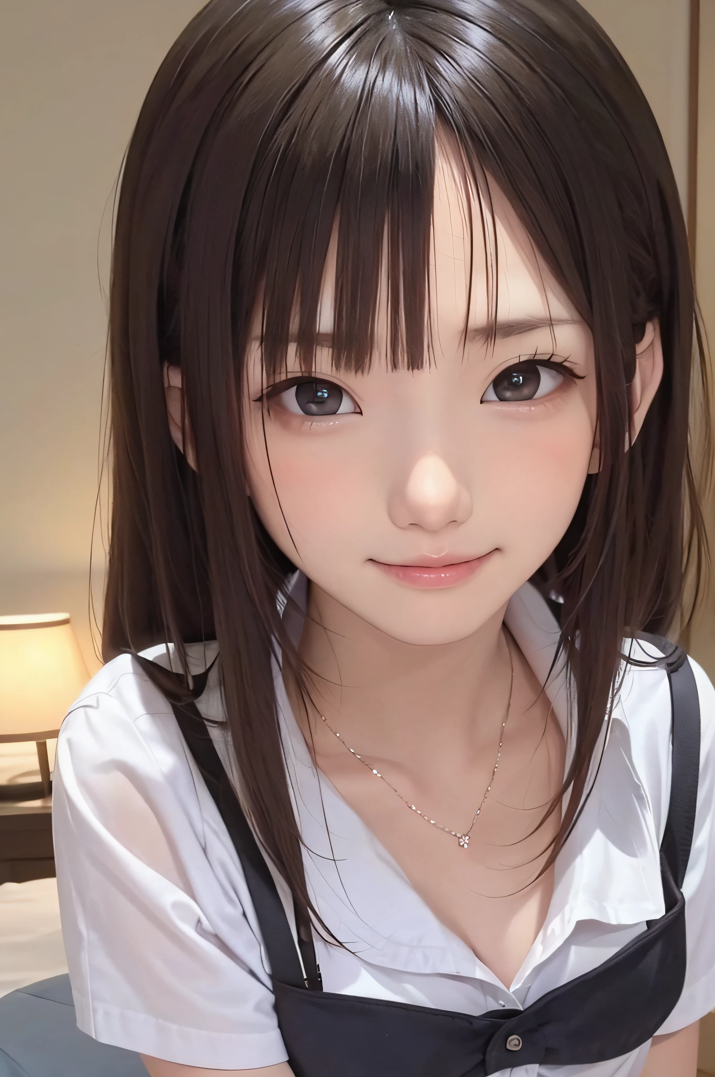sixteen years old、brown haired、beautidful eyes、real looking skin、hi-school girl、small tits、(8K、masterpiece)、(reallistic、Photorealsitic)、top-quality、ighly detailed、The ultra-detailliert、Beautie、cute little、japanes、idol、a smile、Close-up portrait、Healthy face、Realistic pupils