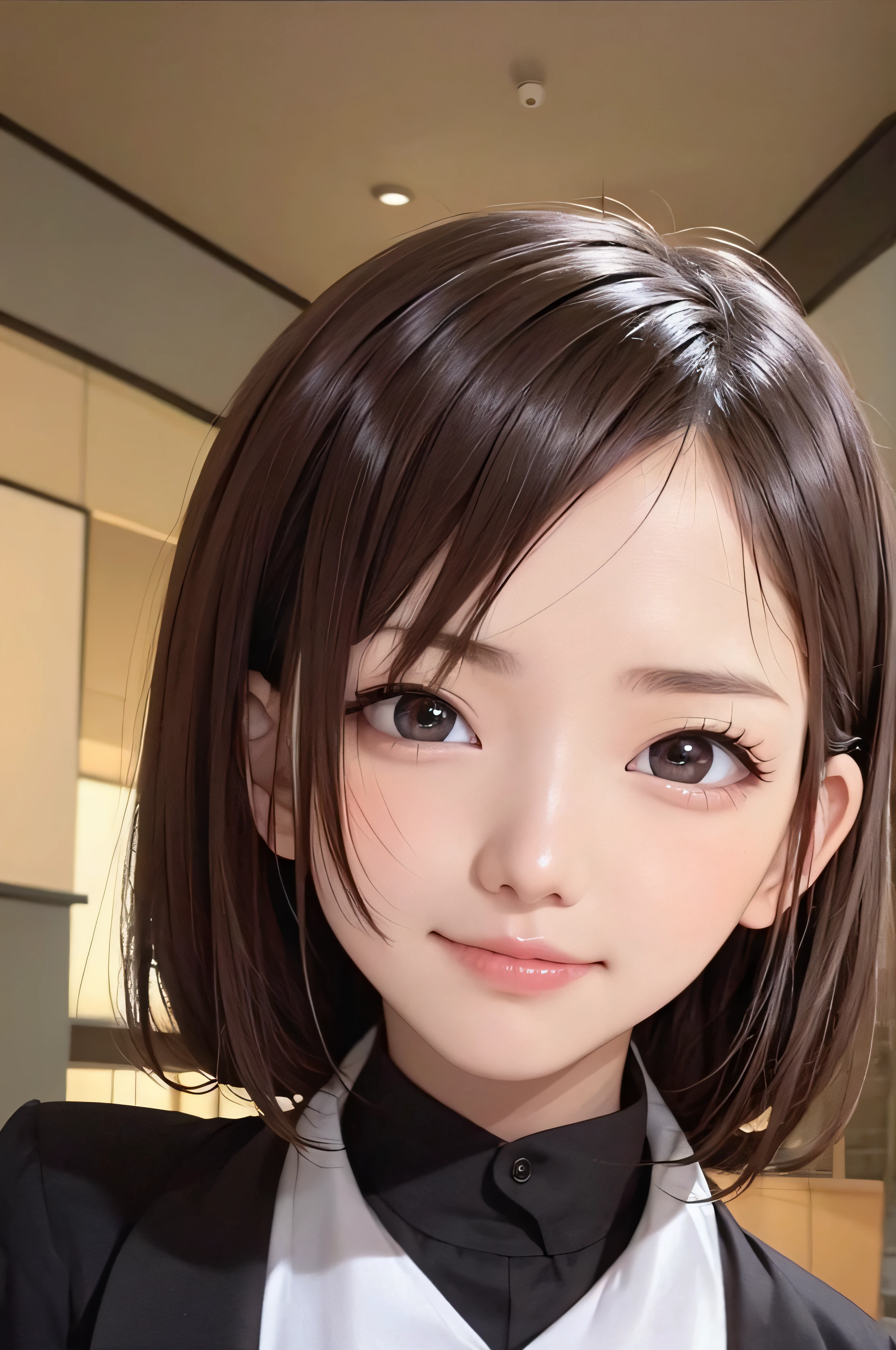 、brown haired、beautidful eyes、real looking skin、hi-school girl、small tits、(8K、masterpiece)、(reallistic、Photorealsitic)、top-quality、ighly detailed、The ultra-detailliert、Beautie、cute little、japanes、idol、a smile、Close-up portrait、Healthy face、Realistic pupils