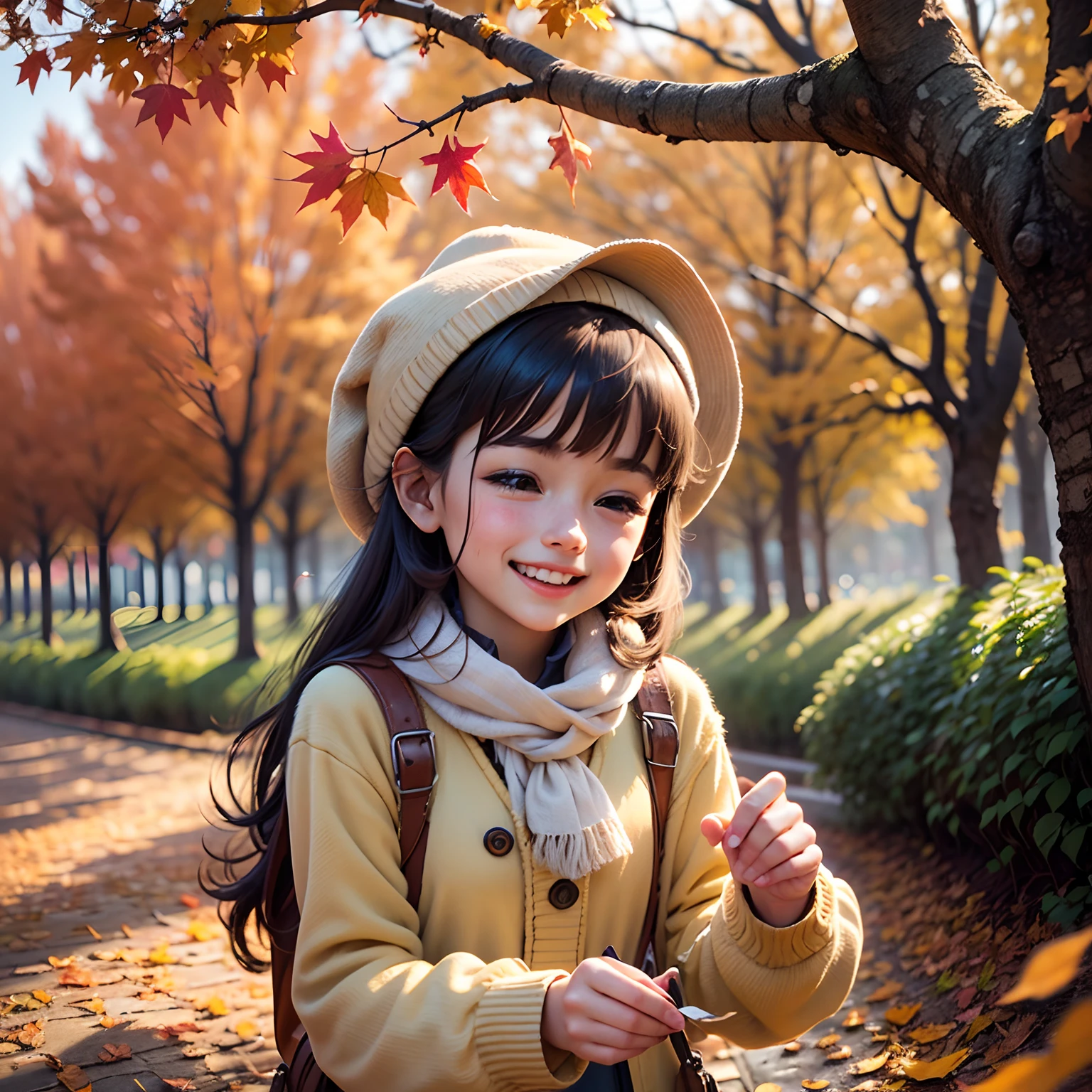 An energetic girl playing with colorful dried leaves in the garden, (best quality, highres, ultra-detailed), embracing the beauty of nature, surrounded by vibrant autumn hues. Her bright eyes reflect the joy and wonder as she twirls among the foliage, (realistic, vivid colors, sharp focus). The sunlight gently filters through the branches, casting a warm golden glow on her face and illuminating the delicate veins of the leaves, creating a magical ambiance, (soft sunlight, warm color tones). Her laughter fills the air as she throws the leaves in the air, creating a playful and whimsical atmosphere. The fallen leaves carpet the ground around her, their dry texture and vivid colors creating a stunning contrast, (rich texture, vibrant colors). In the background, towering trees display their majestic shades of red, orange, and yellow, forming a picturesque backdrop that adds depth and a sense of tranquility to the scene, (natural landscape, autumn colors). The scene evokes a sense of nostalgia, innocence, and the simple joys of childhood, capturing a fleeting moment of happiness and wonder in the beauty of nature, (childhood memories, joyful atmosphere). --auto --s2