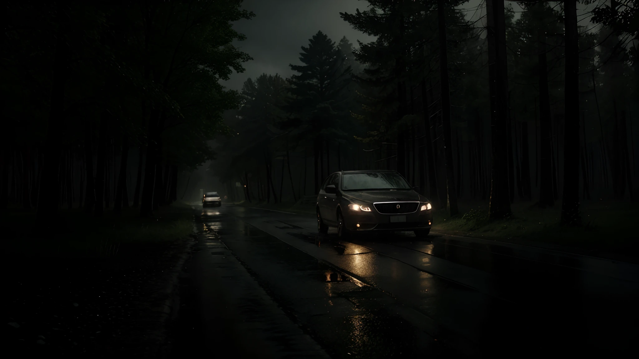 A Car on a deserted and dark road, rainy night, extremely detailed, realistic, best quality, 8k. Gloomy weather, rainy night. Forest all around.