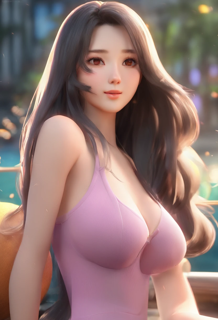 A plump chest,Long black hair,perfect body figure,A high resolution,Dynamic light and shadow,ultra - detailed,Large buttocks,High-fork swimsuit,Firm