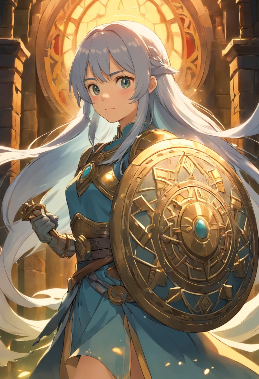 Viste una armadura de mithril pulida, que brilla con un resplandor plateado bajo la luz del sol virtual. La armadura cubre su pecho, hombros y brazos, revealing powerful muscles that denote years of training and combat. En su brazo izquierdo, He holds a shield ornate with runic engravings that shimmer in a dim light, indicating its defensive magic power.