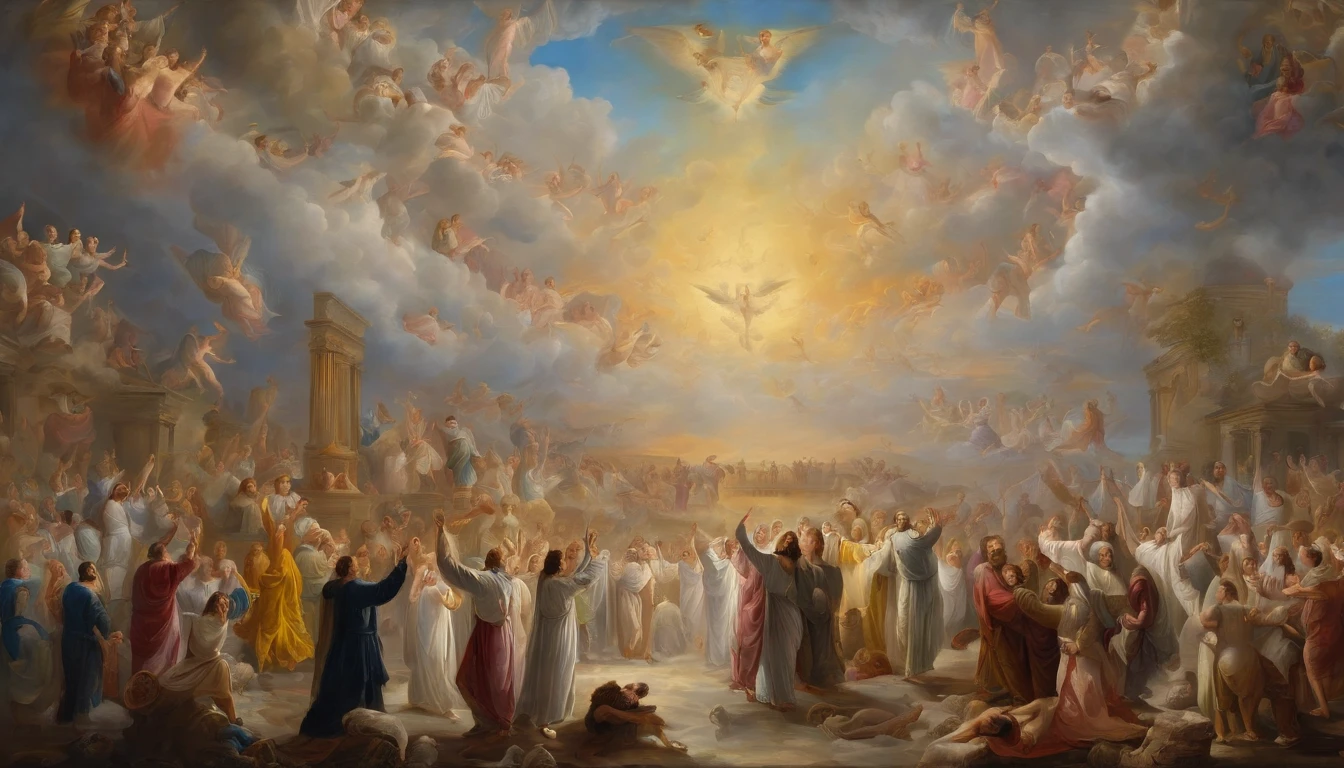 The Rapture ,Thousands of people are floating in the air,Standing on the clouds, Thousands of people are dressed in white, Raise your hands and sing hymns to praise God. The scenes are magnificent and surreal. (Best Quality, 4k, 8K, high resolucion, Masterpiece:1.2), Ultra-detailed, (realisitic, Photorealistic, Realistis:1.37), portrait of a, Vivid colors, studio lit, Sharp focus, physics based rendering, extreme detail description, Biblical Topics, grand ambience, radiant light.