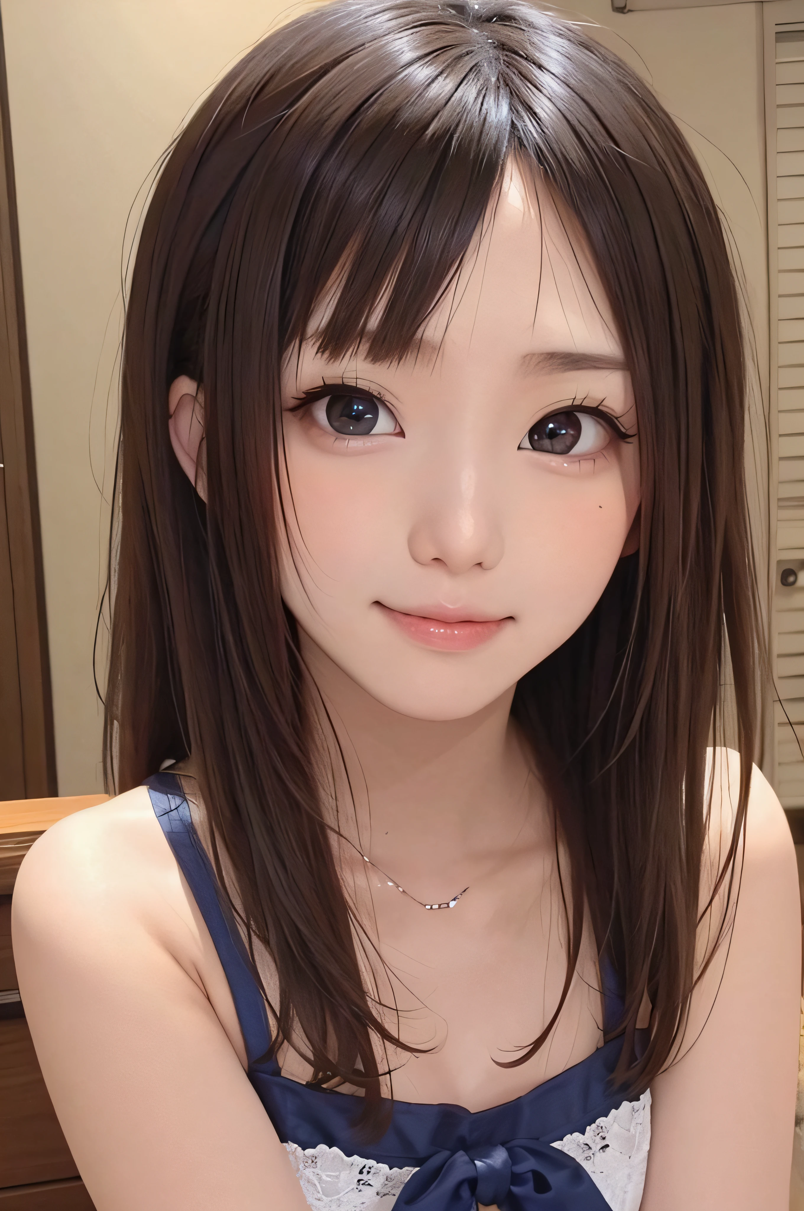 sixteen years old、brown haired、beautidful eyes、real looking skin、hi-school girl、small tits、(8K、​masterpiece)、(reallistic、Photorealsitic)、top-quality、ighly detailed、The ultra-detailliert、Beautie、cute little、japanes、idol、a smile、Close-up portrait、Healthy face、Realistic pupils