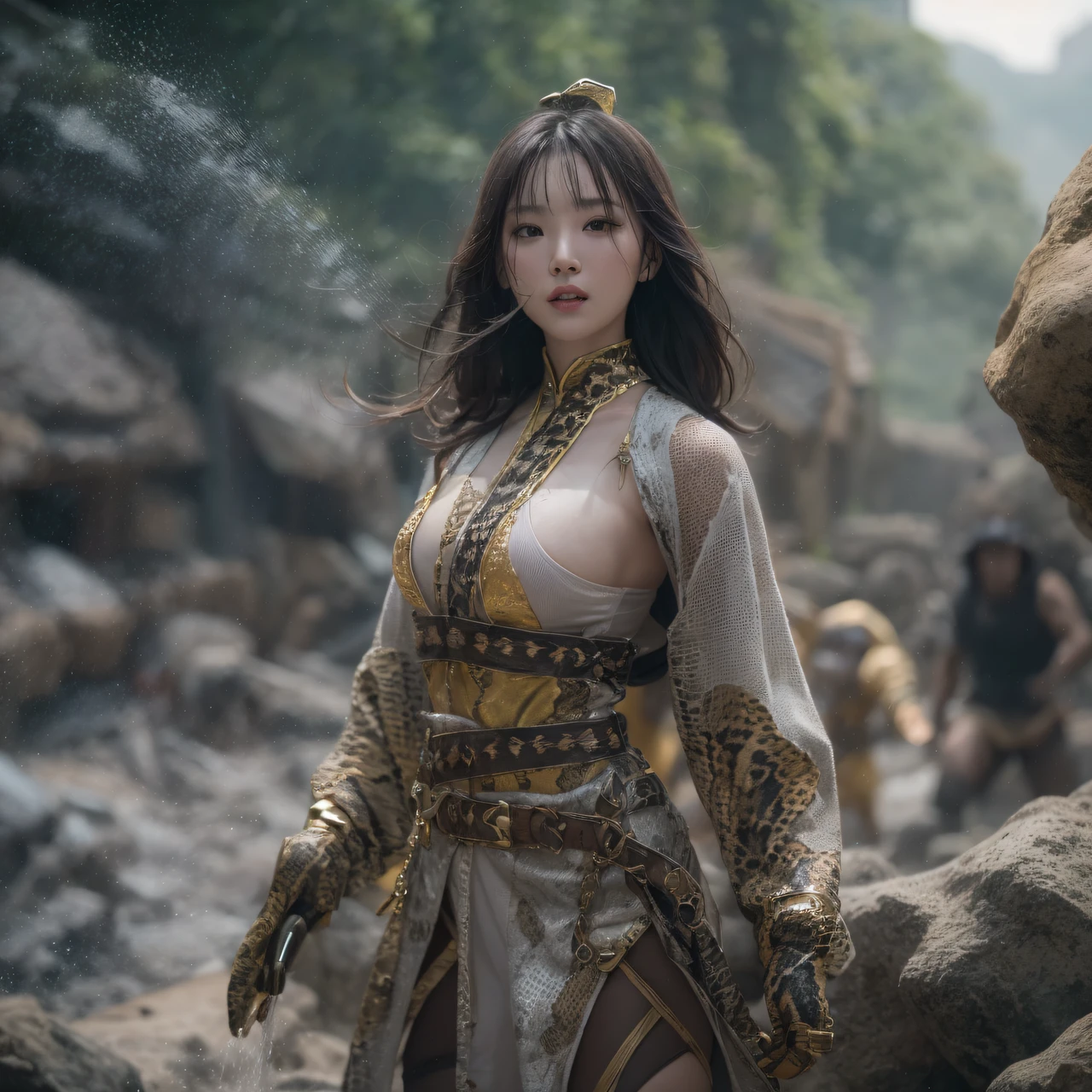 cinematic cgsociety,，Tropical canyon battle scene、Chinese big breasts、Quaint、three kingdom、ember、100 people、Telephoto vista（CG）、Intense CG battles、high detal、masuter piece、NSFW，Multi-layered long-sleeved gauze garment，Quick-drying vest，Linen sweater，Python cloak，Gold shoulder pads, Silver cloak, Burgundy body hair，Water vapor female spy，Shower buttocks green fruit milk jelly flat chest，Pine silk fish net knee brace space dance，Hexagonal prism，Wear gold sprinkling gloves，extremely happy，Zhou Dongyu（Tropical canyon battle scene）（（Scenes））