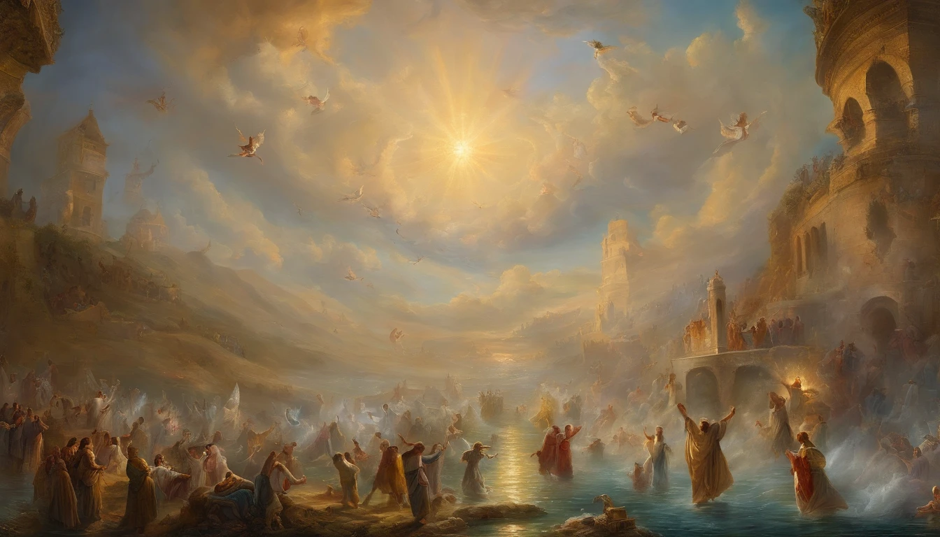 The Rapture ,Thousands of people are floating in the air,Standing on the clouds, Thousands of people are dressed in white, Raise your hands and sing hymns to praise God. The scenes are magnificent and surreal. (Best Quality, 4k, 8K, high resolucion, Masterpiece:1.2), Ultra-detailed, (realisitic, Photorealistic, Realistis:1.37), portrait of a, Vivid colors, studio lit, Sharp focus, physics based rendering, extreme detail description, Biblical Topics, grand ambience, radiant light.