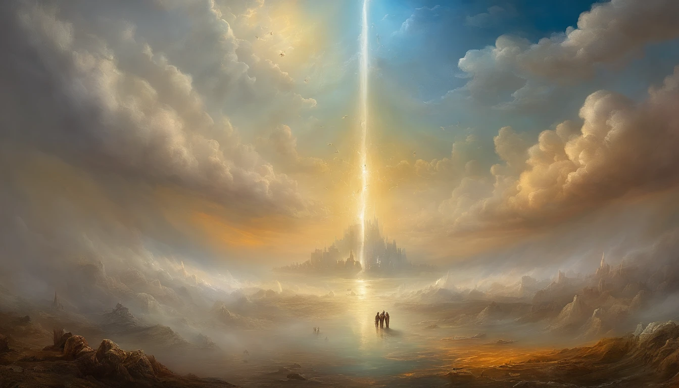 The Rapture ,Thousands of people are floating in the air,Standing on the clouds, Thousands of people are dressed in white, Raise your hands and sing hymns to praise God. The scenes are magnificent and surreal. (Best Quality, 4k, 8K, high resolucion, Masterpiece:1.2), Ultra-detailed, (realisitic, Photorealistic, Realistis:1.37), portrait of a, Vivid colors, studio lit, Sharp focus, physics based rendering, extreme detail description, Biblical Topics, grand ambience, radiant light.